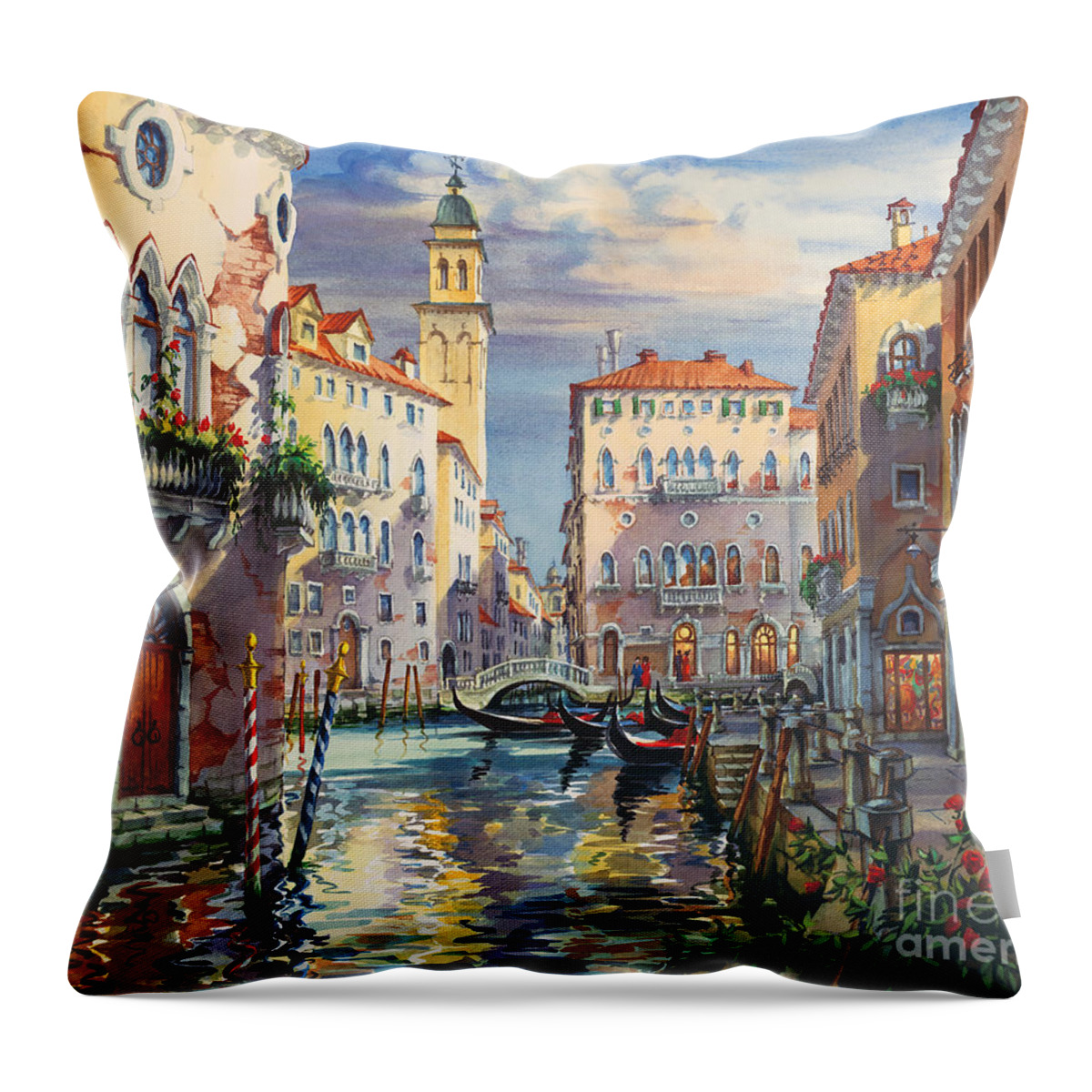 Venetian Canal Throw Pillow featuring the painting Venice before sunset by Maria Rabinky