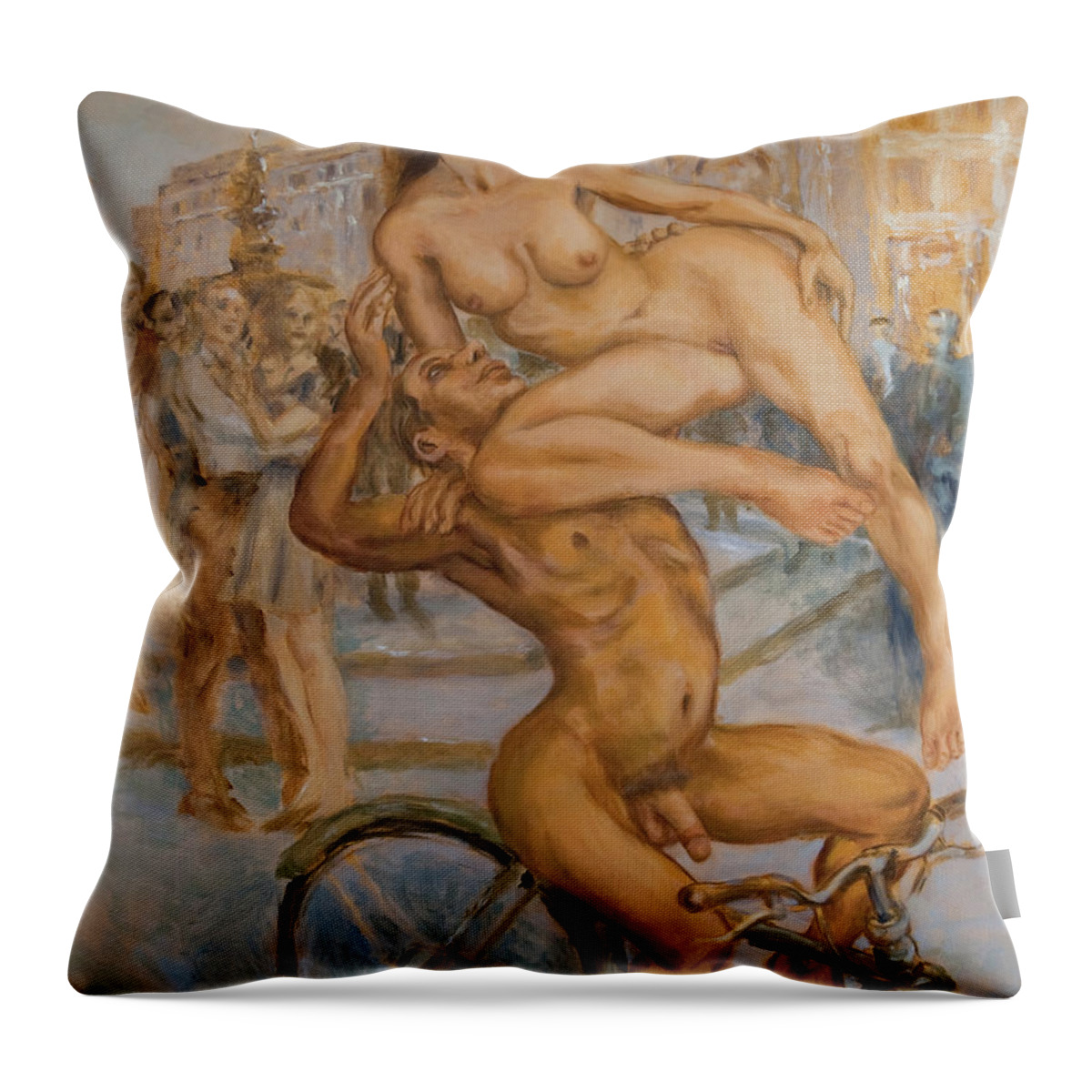 Nudes Throw Pillow featuring the painting Venus and Adonis cycling under Eros by Peregrine Roskilly