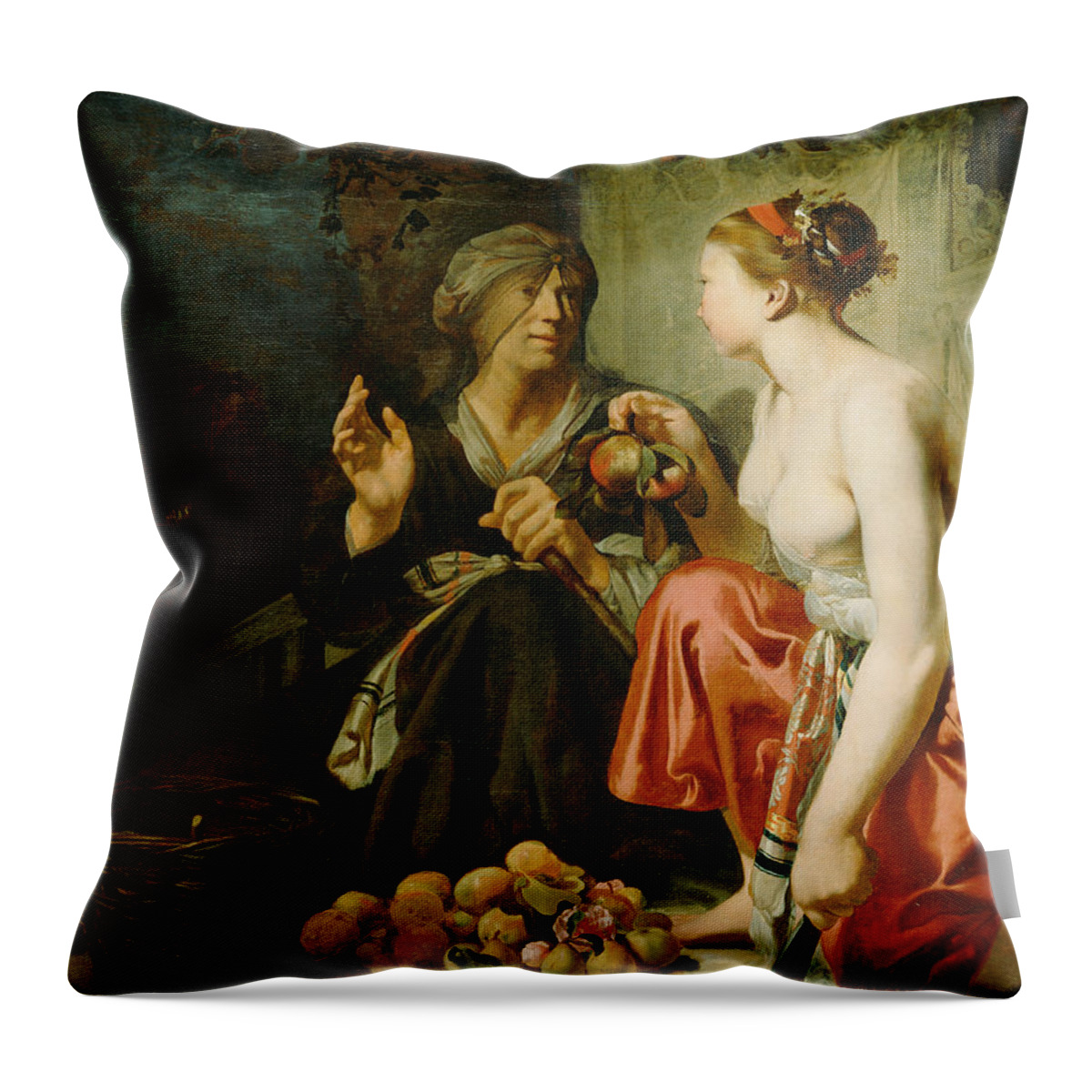 Attributed To Caesar Van Everdingen Throw Pillow featuring the painting Vertumnus and Pomona by Attributed to Caesar van Everdingen