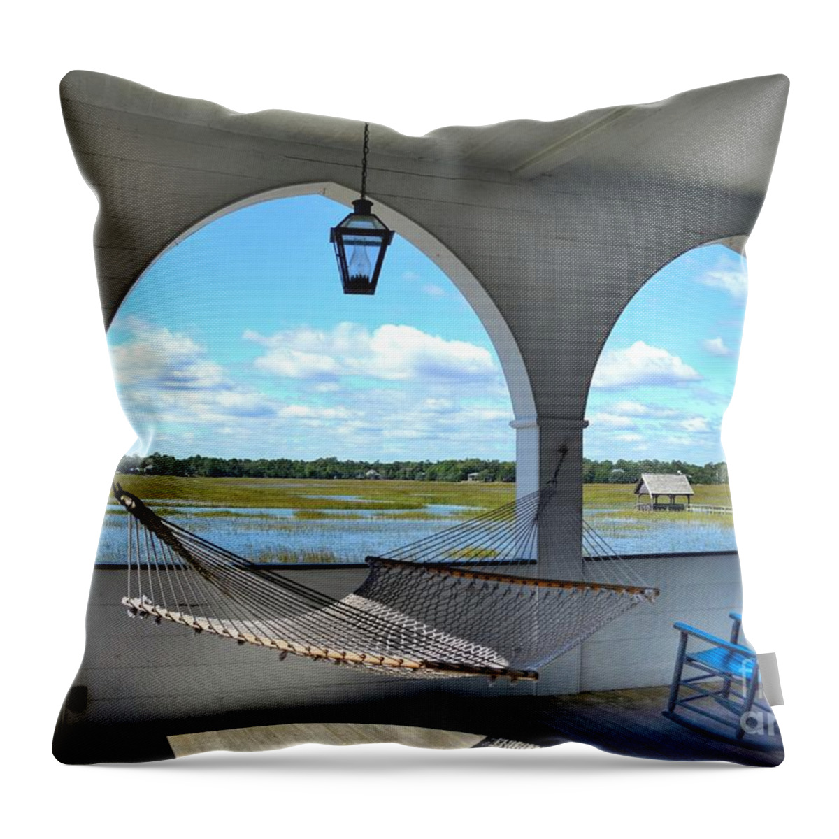 Scenic Throw Pillow featuring the photograph View Of The Marsh From The Pelican Inn by Kathy Baccari