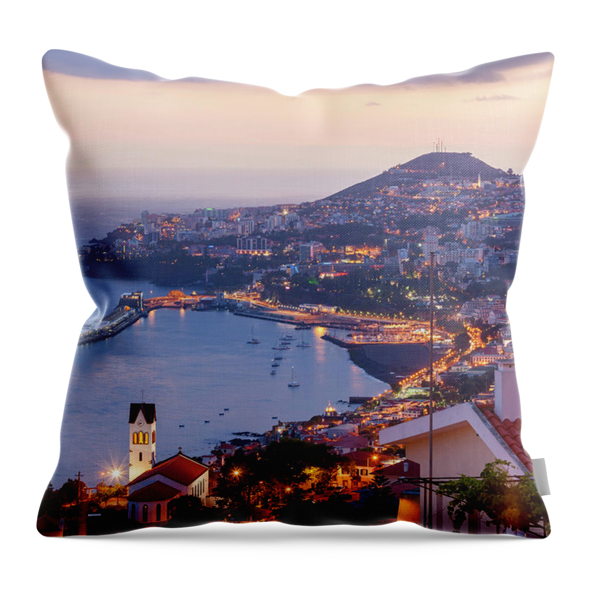 Town Throw Pillow featuring the photograph View Over Funchal At Dusk, Madeira by Peter Adams