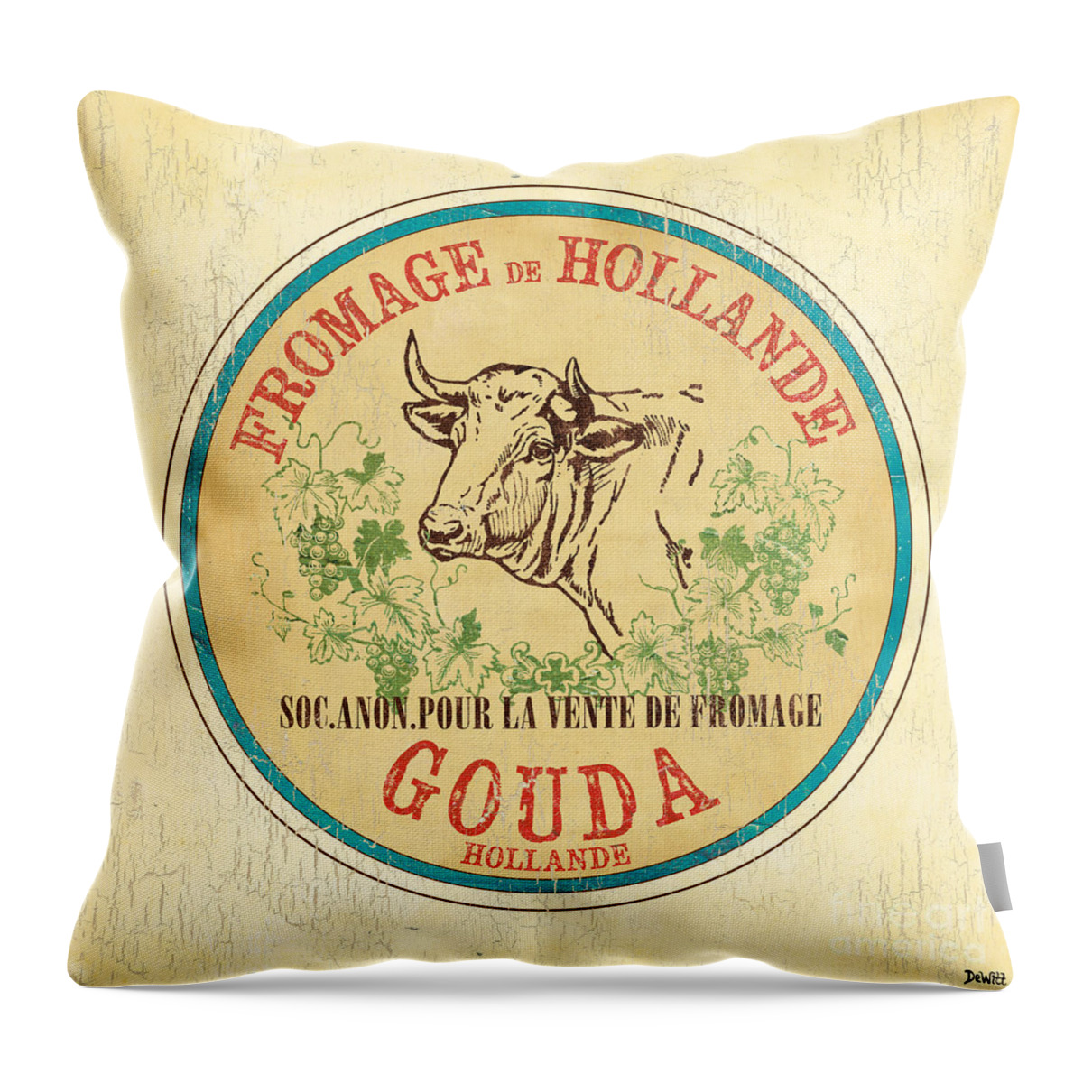 Cuisine Throw Pillow featuring the painting Vintage Cheese Label 1 by Debbie DeWitt