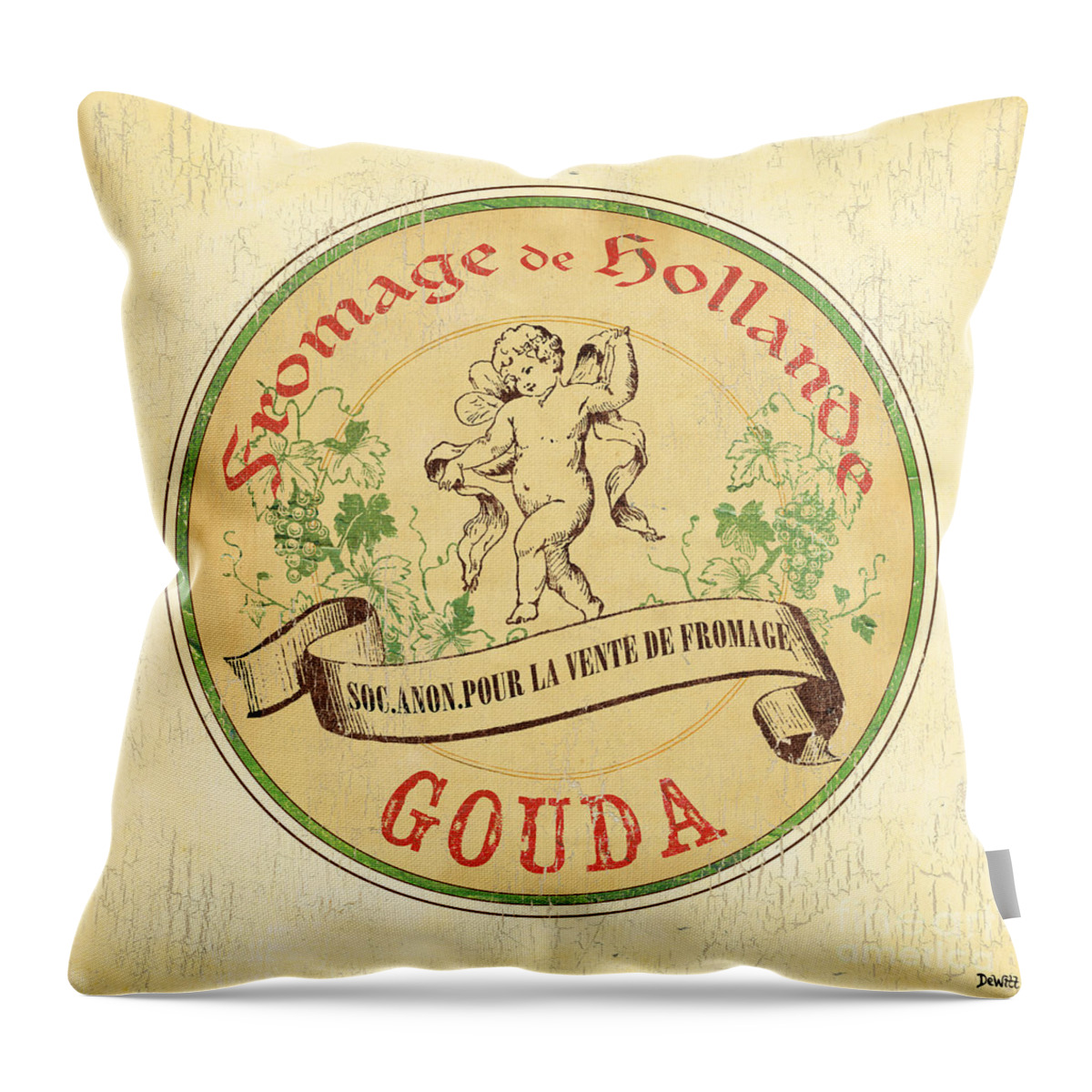Cuisine Throw Pillow featuring the painting Vintage Cheese Label 2 by Debbie DeWitt
