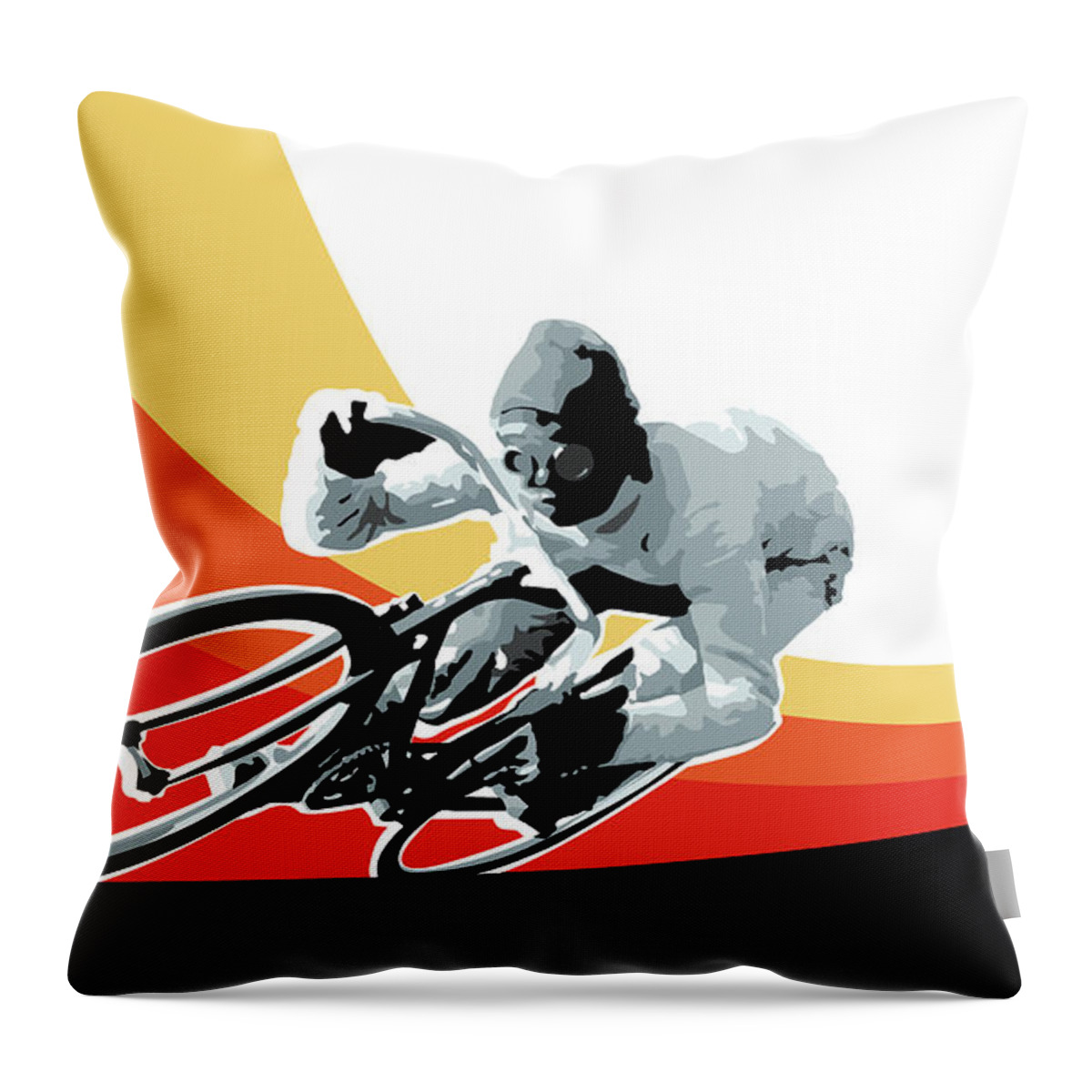 Cycling Art Throw Pillow featuring the digital art Vintage cyclist with colored swoosh poster print Speed demon by Sassan Filsoof
