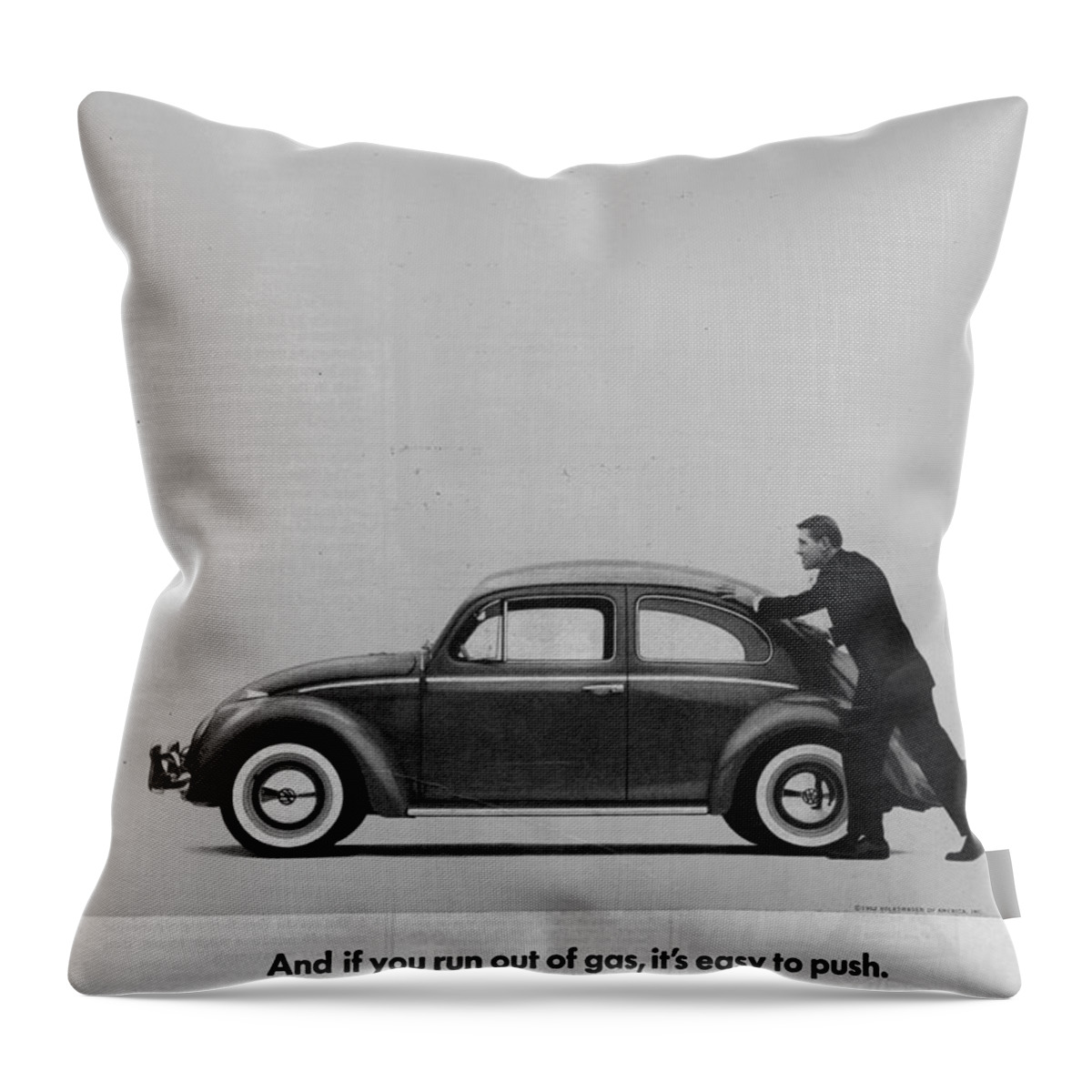 Vw Beetle Throw Pillow featuring the digital art VW Beetle Advert 1962 - And if you run out of gas it's easy to push by Georgia Fowler
