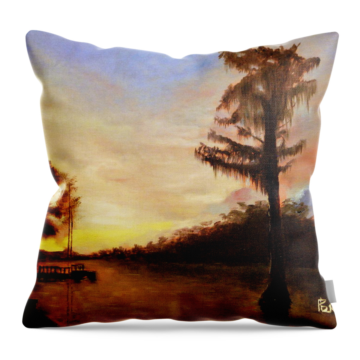 Landscape Painting From Memory And Photo Reference Throw Pillow featuring the painting Waccamaw Evening by Phil Burton