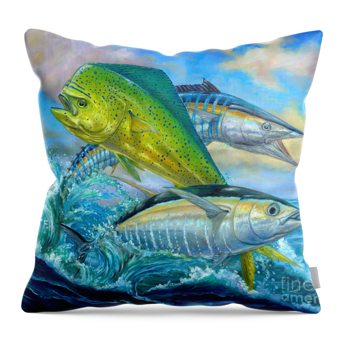Mahi Mahi Throw Pillow featuring the painting Wahoo Mahi Mahi And Tuna by Terry Fox