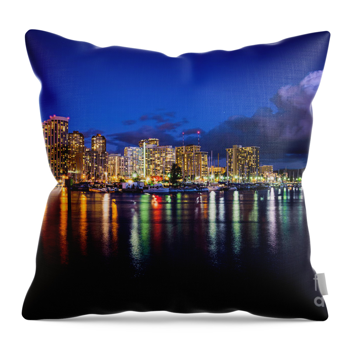 Waikiki Throw Pillow featuring the photograph Waikiki and Diamond Head at Dusk by Aloha Art