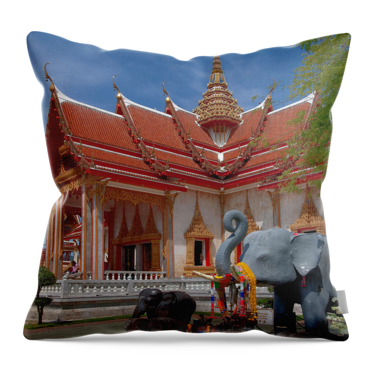 Scenic Throw Pillow featuring the photograph Wat Chalong Wiharn and Elephant Tribute DTHP045 by Gerry Gantt
