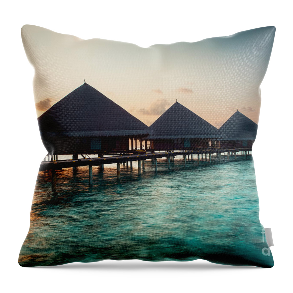 Amazing Throw Pillow featuring the photograph Waterbungalows At Sunset by Hannes Cmarits