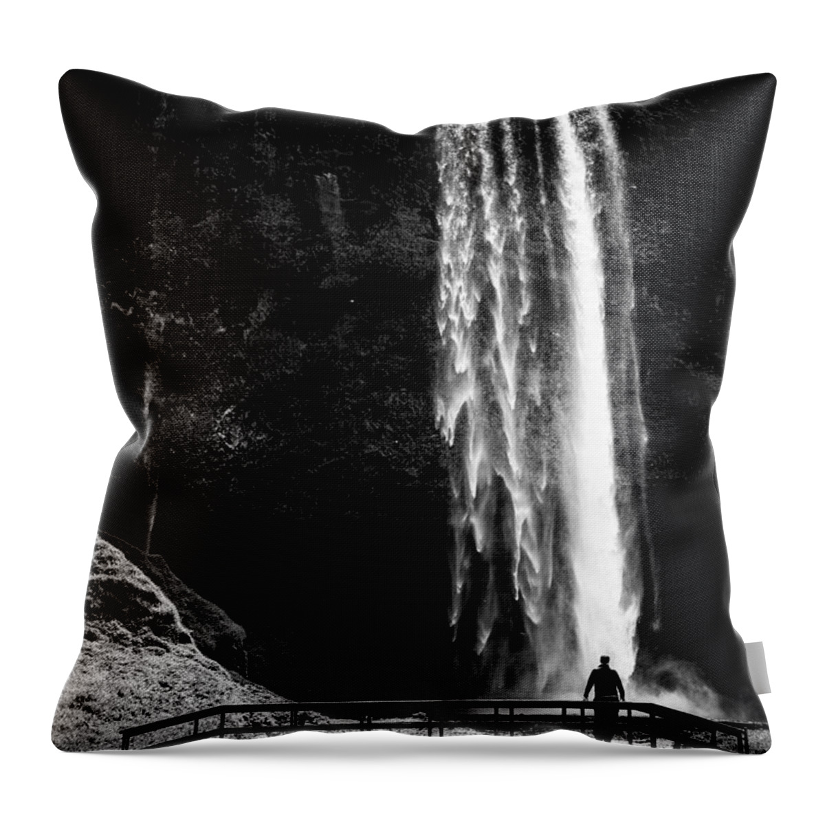 Iceland Throw Pillow featuring the photograph Waterfall Seljalandsfoss Iceland black and white stark contrast by Matthias Hauser