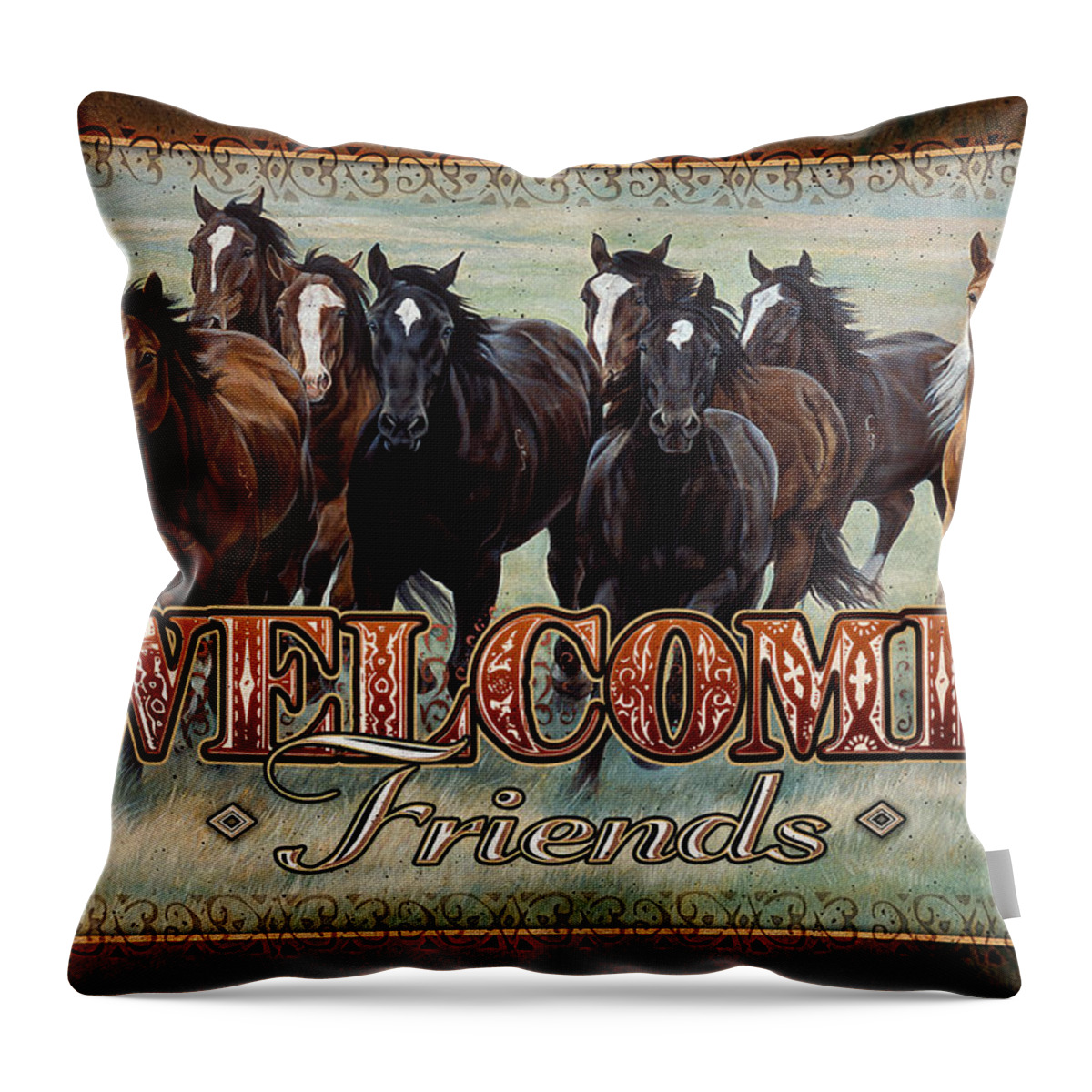 Michelle Grant Throw Pillow featuring the painting Welcome Friends Horses by JQ Licensing