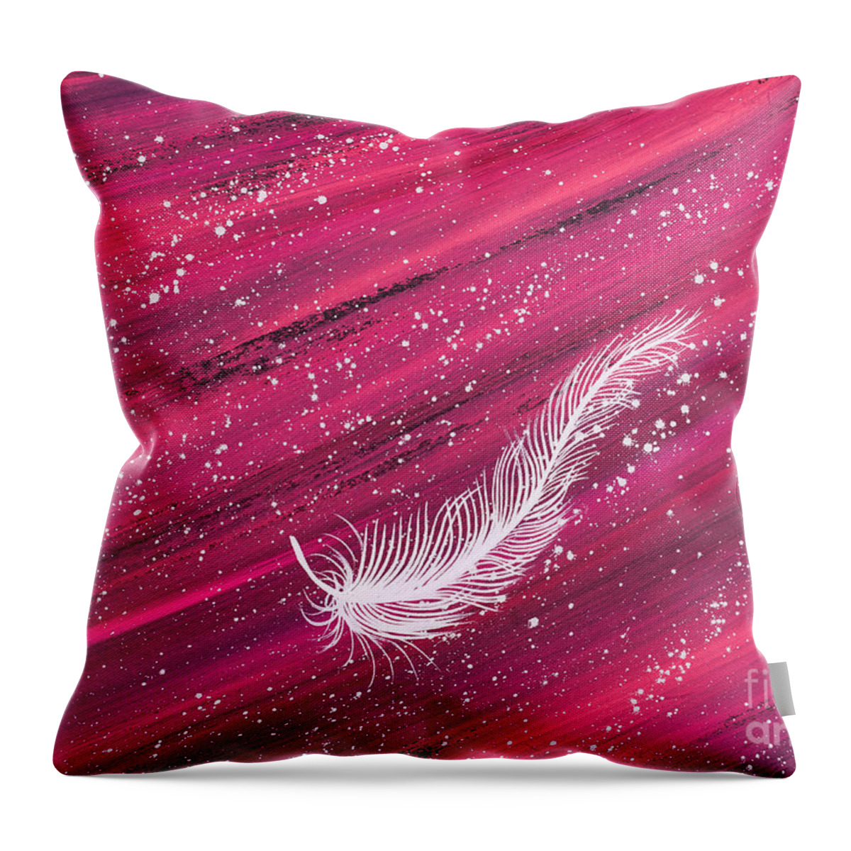 Feather Throw Pillow featuring the painting White spiritual feather on pink streak by Carolyn Bennett by Simon Bratt