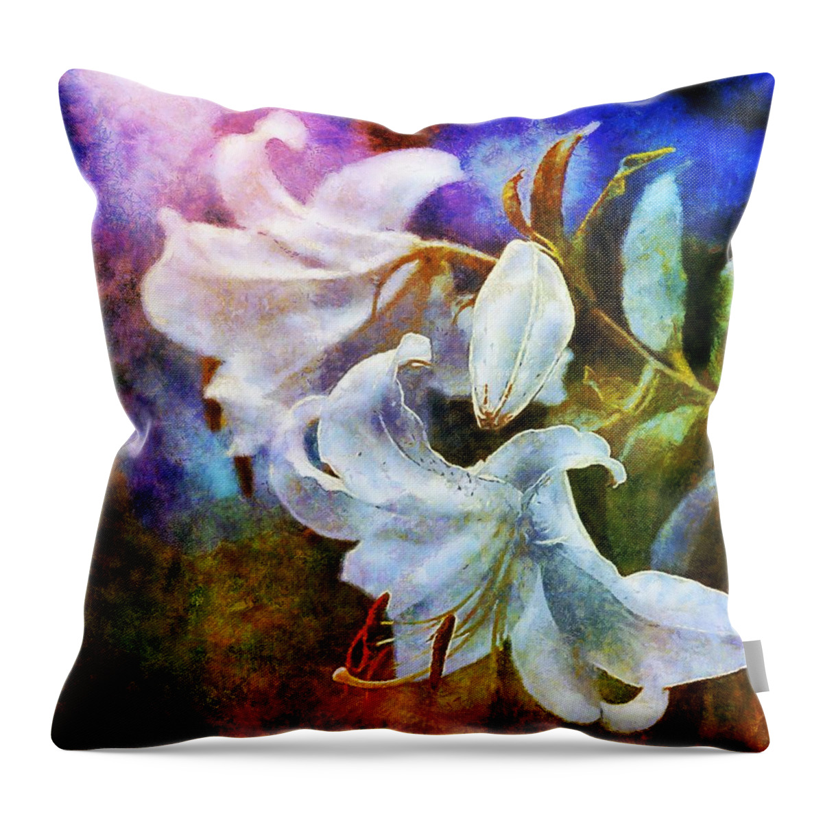 Lily Throw Pillow featuring the painting White Lily - colorful edition by Lilia D