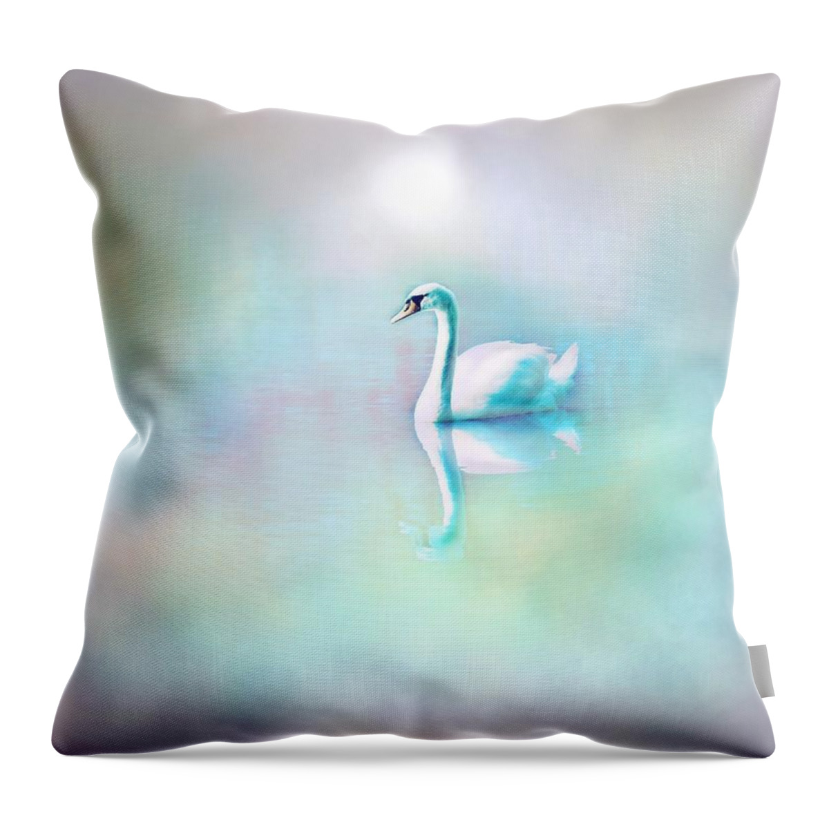 White Swan Throw Pillow featuring the digital art White Swan in the fog by Lilia D