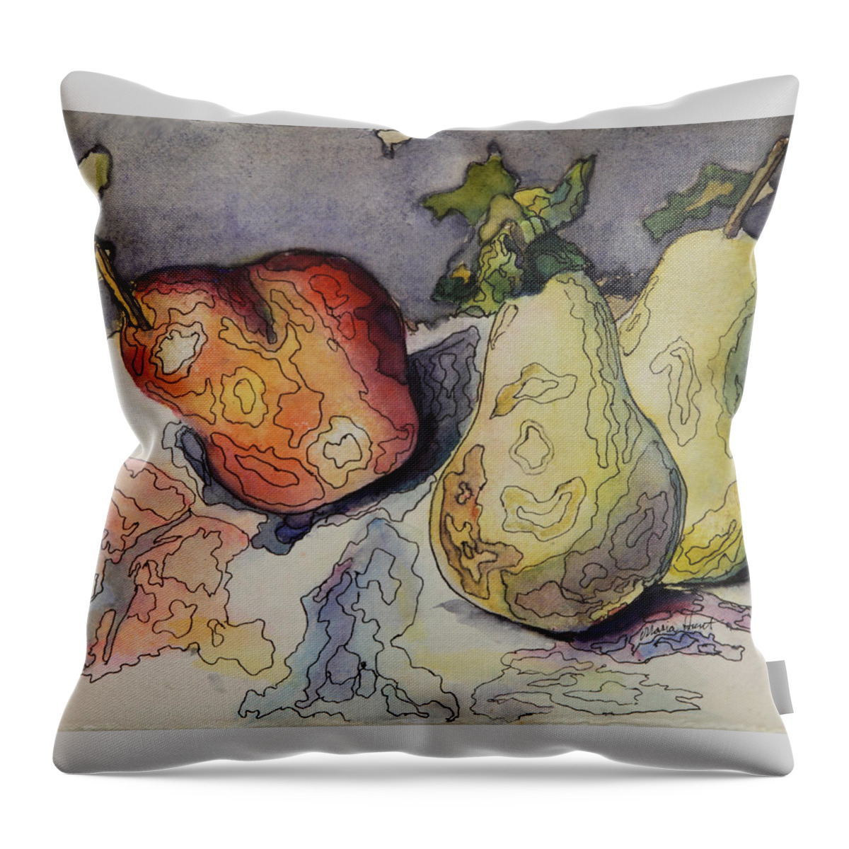 Still Life Throw Pillow featuring the painting Happy Pears Rocking Out by Maria Hunt