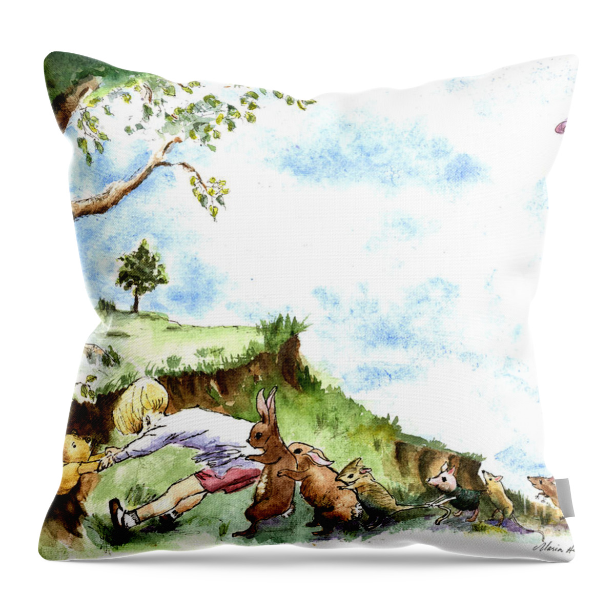 Winnie The Pooh Throw Pillow featuring the painting Helping Hands after E H Shepard by Maria Hunt