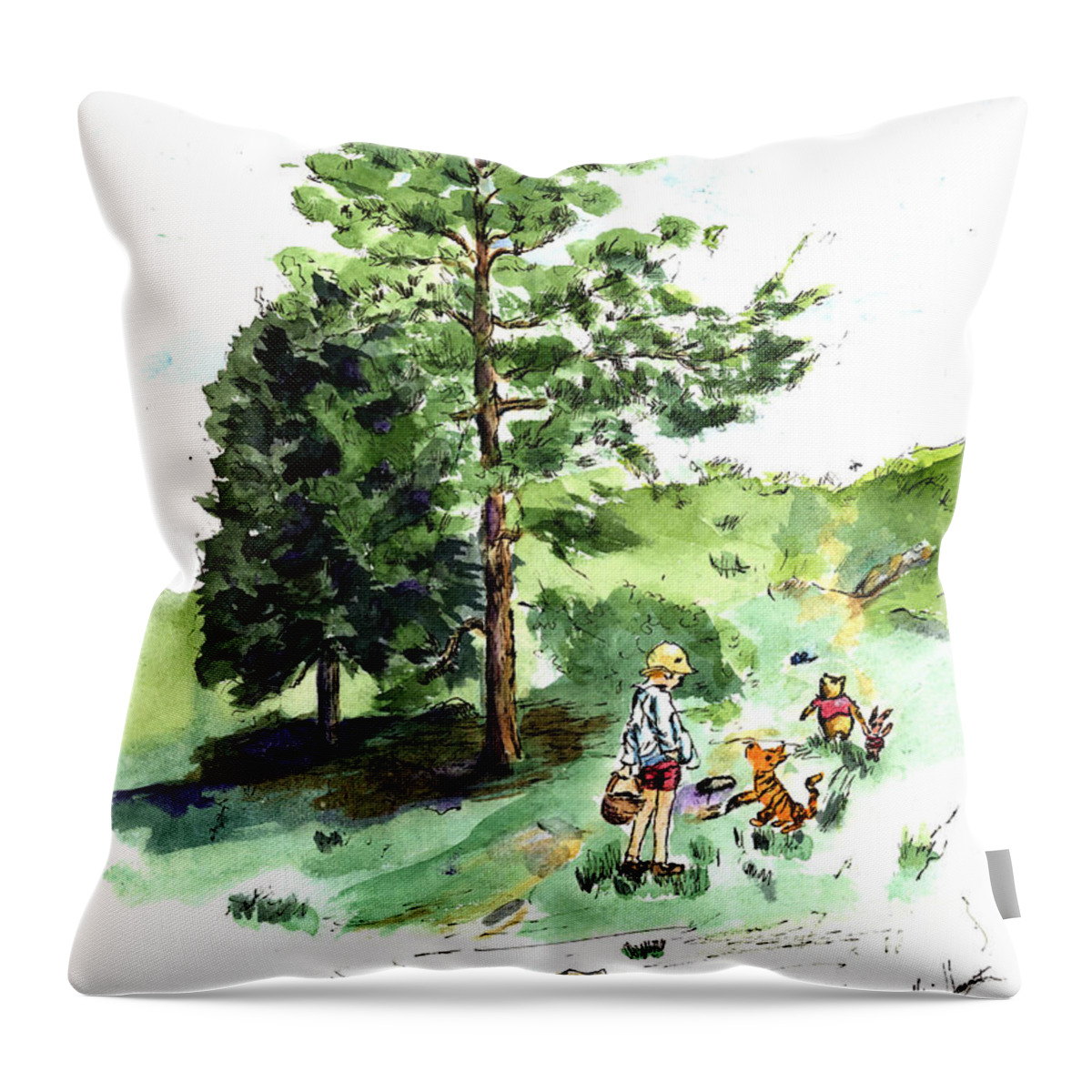 Winnie The Pooh Throw Pillow featuring the painting Winnie the Pooh with Christopher Robin after E H Shepard by Maria Hunt