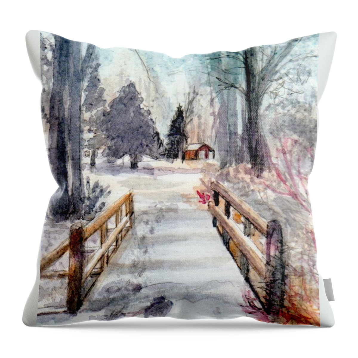 Watercolor Throw Pillow featuring the painting Winter Bridge by Deb Stroh-Larson