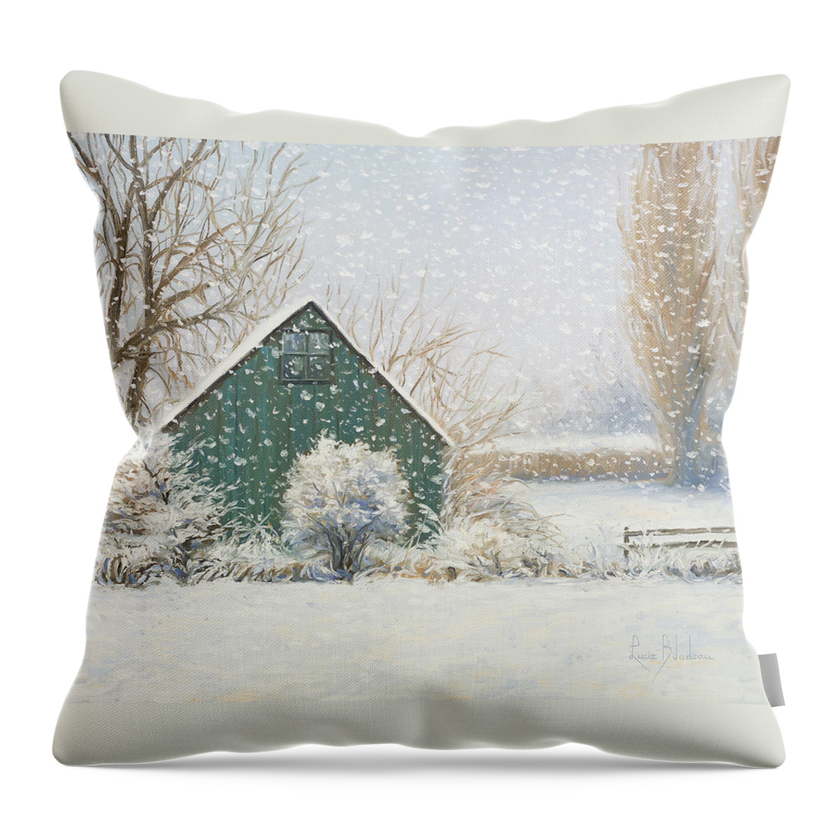 Barn Throw Pillow featuring the painting Winter Magic by Lucie Bilodeau