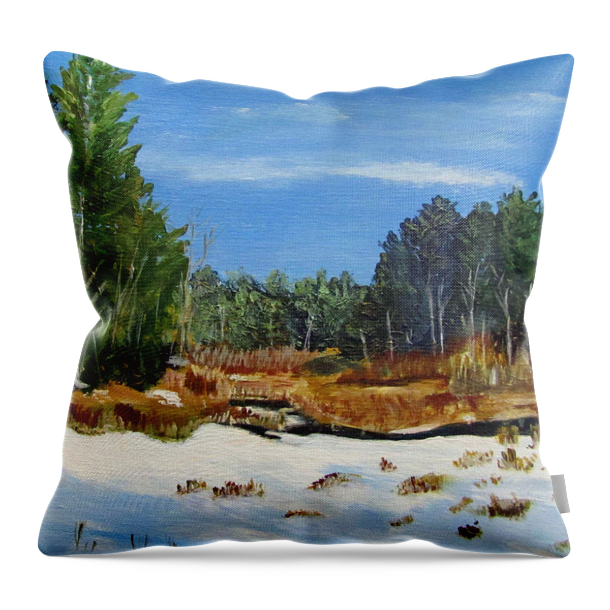 Landscape Throw Pillow featuring the painting Winter Marsh in Hooksett by Linda Feinberg