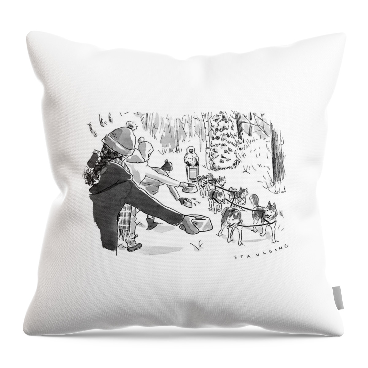 Winter Suited Volunteers Hold Out Dog Dishes Throw Pillow