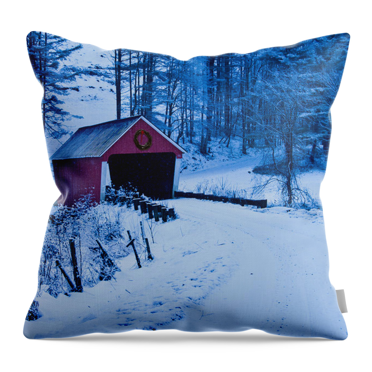 Vermont Covered Bridge Throw Pillow featuring the photograph winter Vermont covered bridge by Jeff Folger
