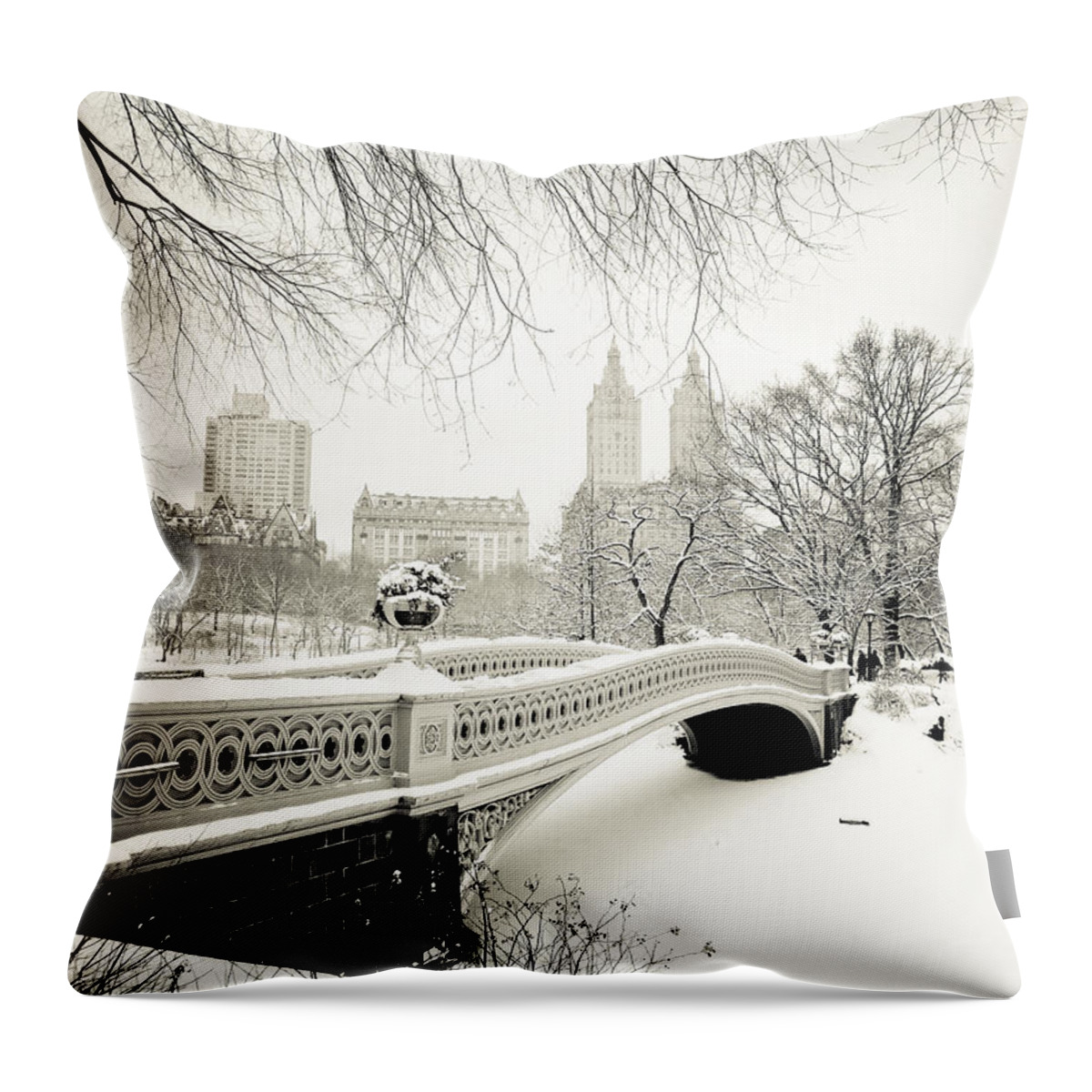 New York City Throw Pillow featuring the photograph Winter's Touch - Bow Bridge - Central Park - New York City by Vivienne Gucwa