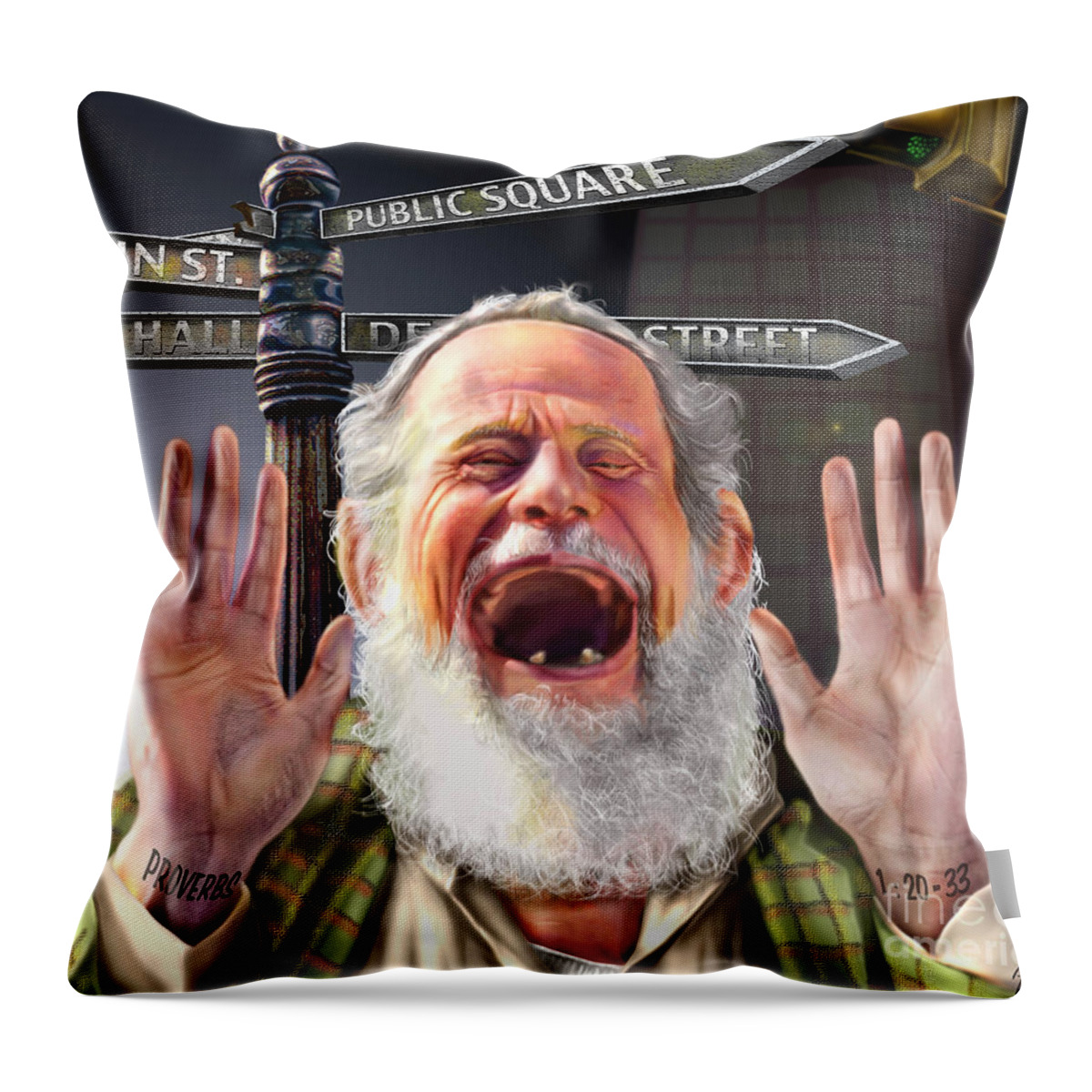 Street Scene Throw Pillow featuring the painting Wisdom Cries-out by Reggie Duffie