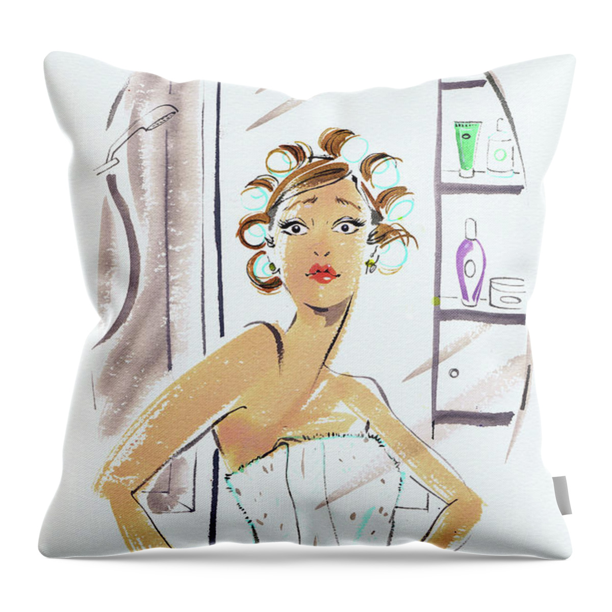 20-24 Years Throw Pillow featuring the painting Woman In Curlers And Towel Looking by Ikon Images