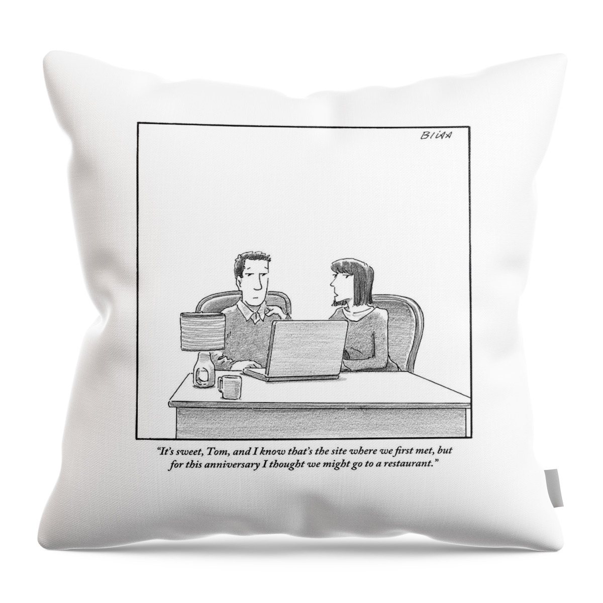 Woman Speaks To Husband As They Sit Behind A Desk Throw Pillow