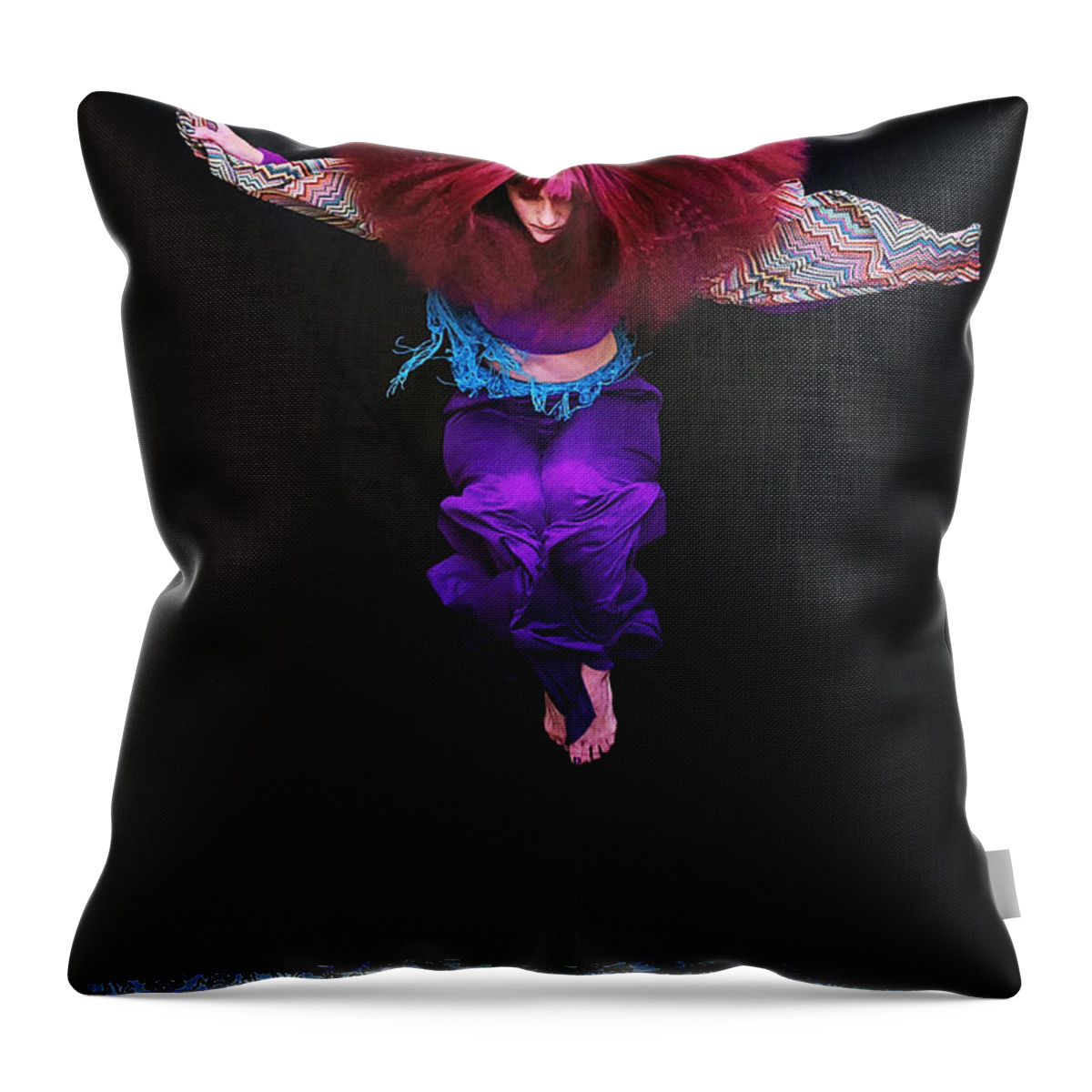 Human Arm Throw Pillow featuring the photograph Woman With Big Hair Jumping by Cynthia Saxon Cox