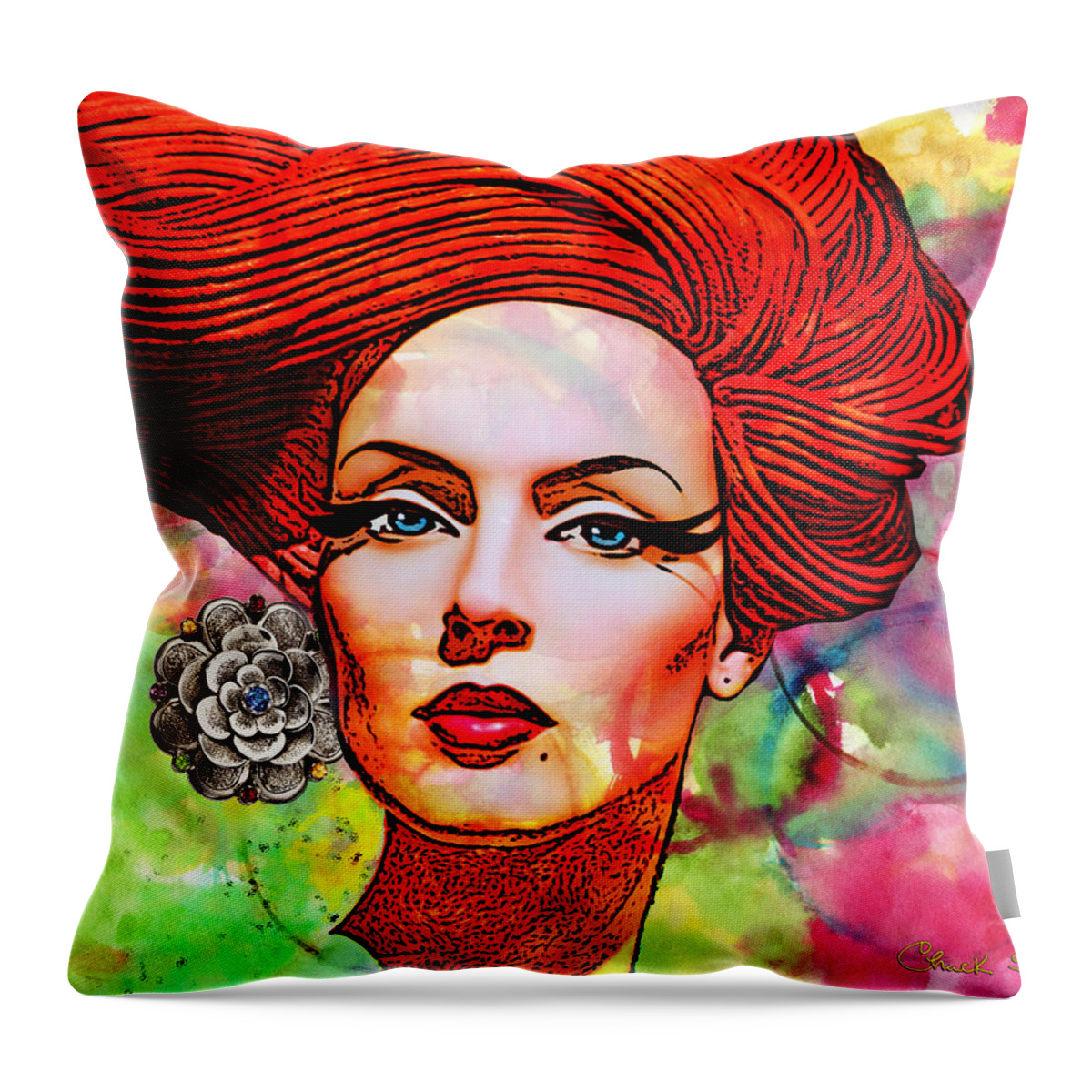 Redhead Throw Pillow featuring the mixed media Woman With Earring by Chuck Staley