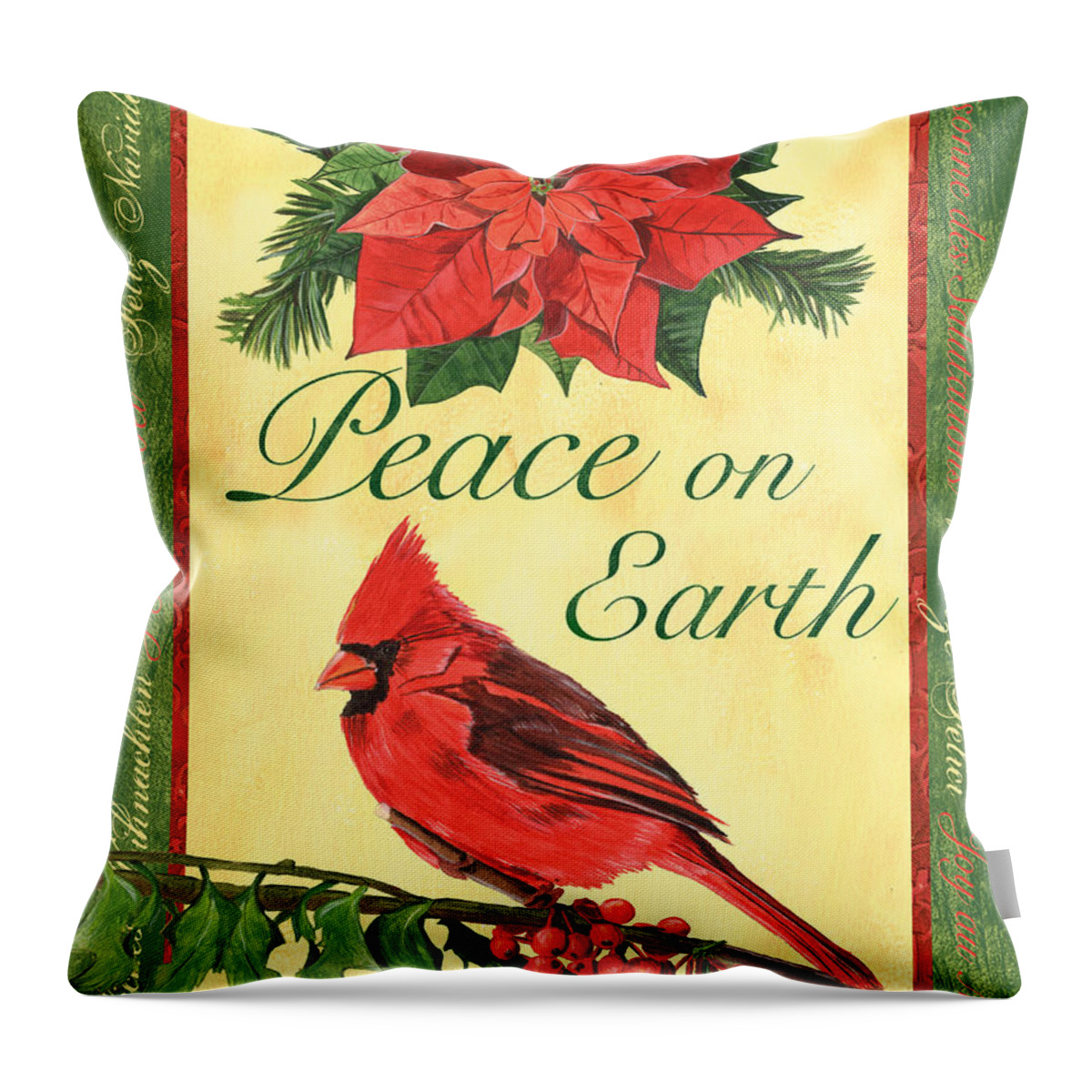 Cardinal Throw Pillow featuring the painting Xmas around the World 1 by Debbie DeWitt