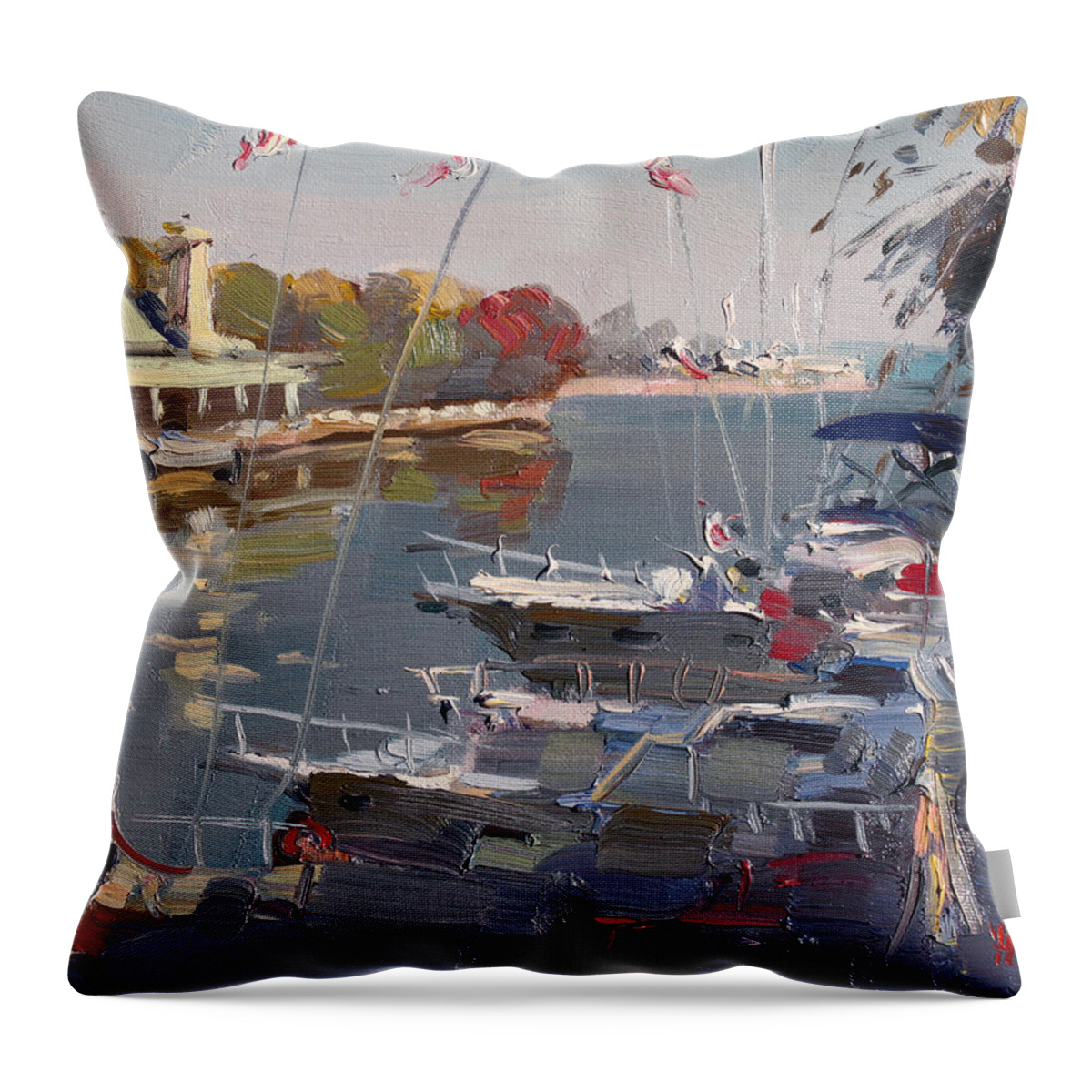 Yachts Throw Pillow featuring the painting Yachts in Port Credit by Ylli Haruni