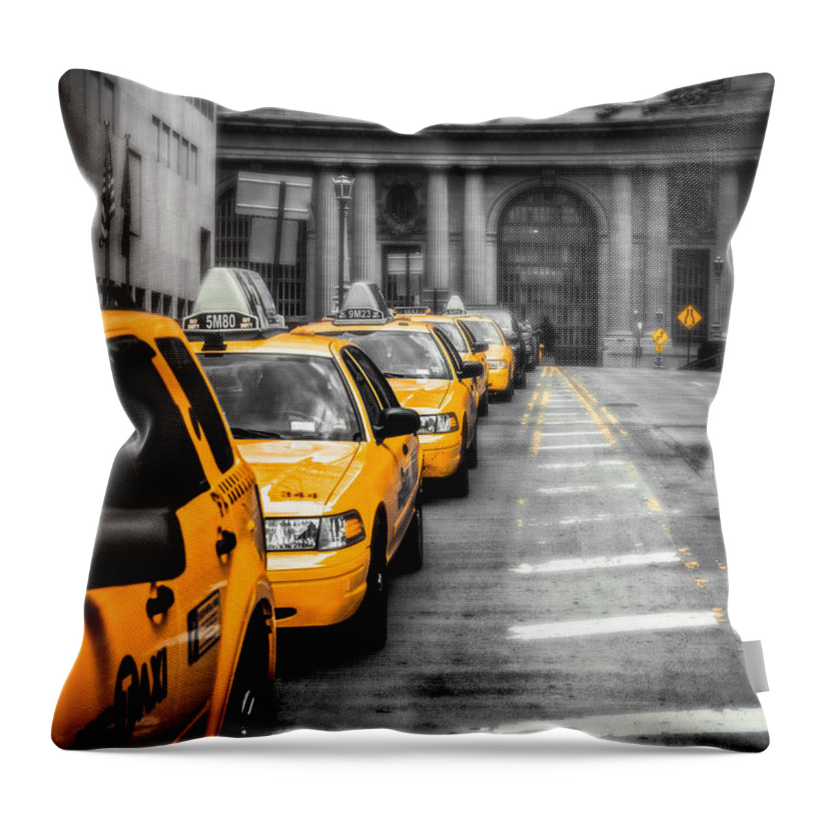 Nyc Throw Pillow featuring the photograph Yellow Cabs waiting - Grand Central Terminal - bw o by Hannes Cmarits