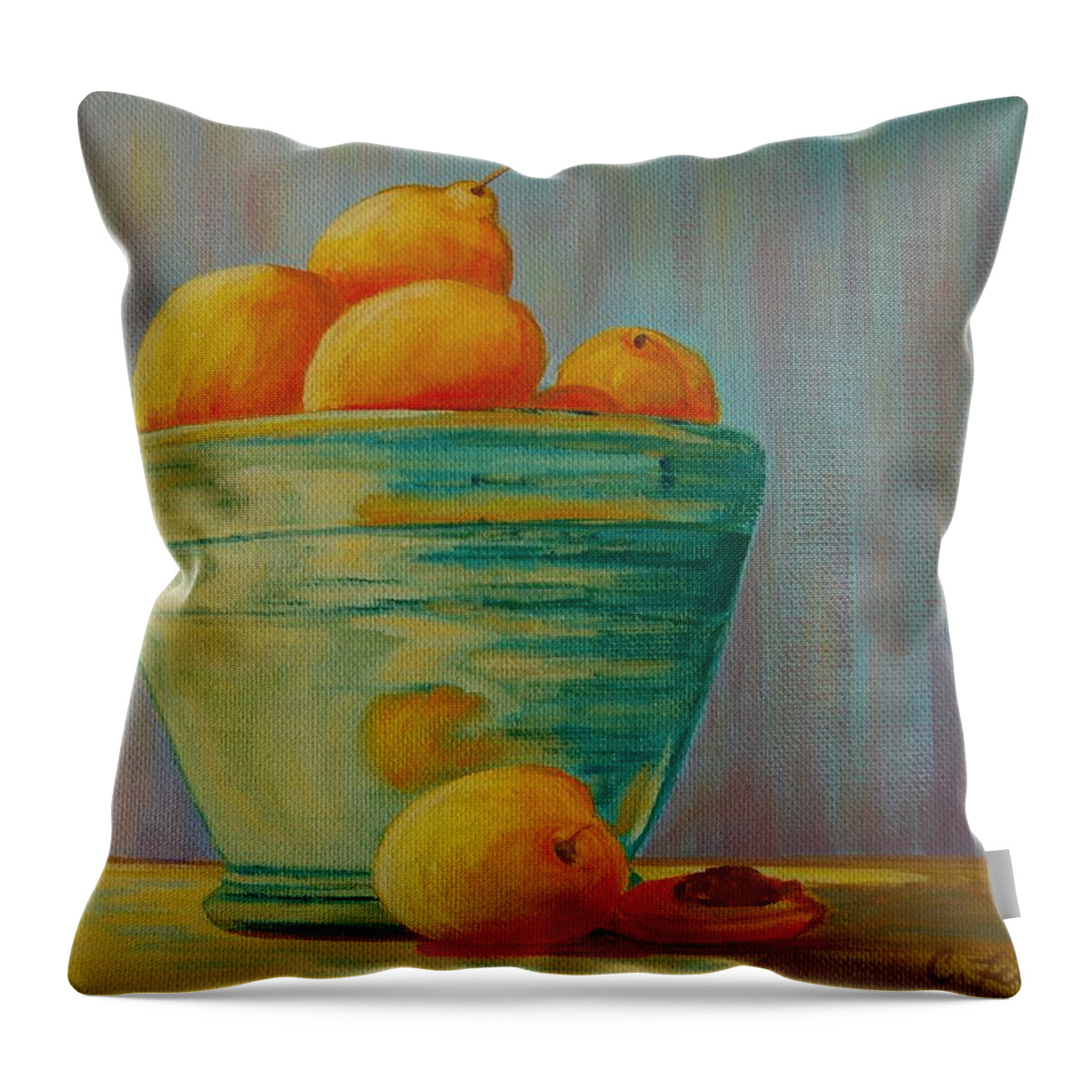 Still Life Throw Pillow featuring the painting Yellow Fruit Blue Bowl by Cheryl Fecht
