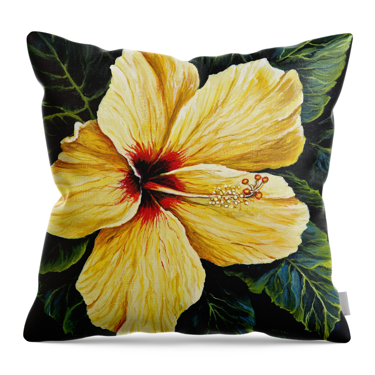 Flower Throw Pillow featuring the painting Yellow Hibiscus by Darice Machel McGuire