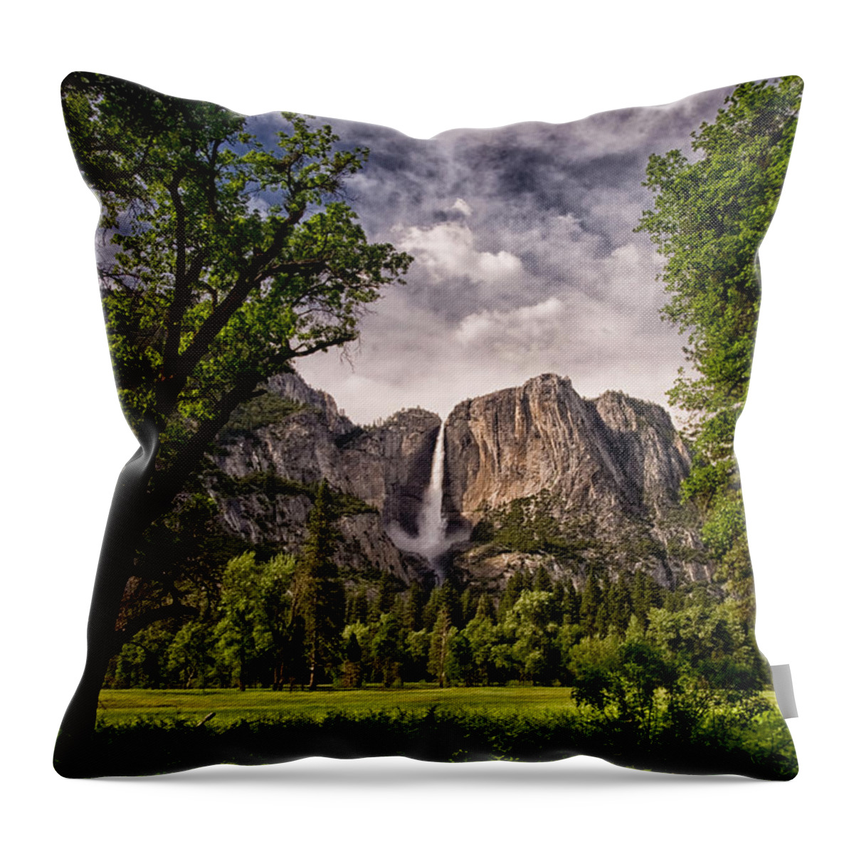 Water River Waterfall Mountains Yosemite National Park Sierra Nevada Landscape Scenic Nature California Sky Clouds Cloudy Day Throw Pillow featuring the photograph Yosemite Falls by Cat Connor