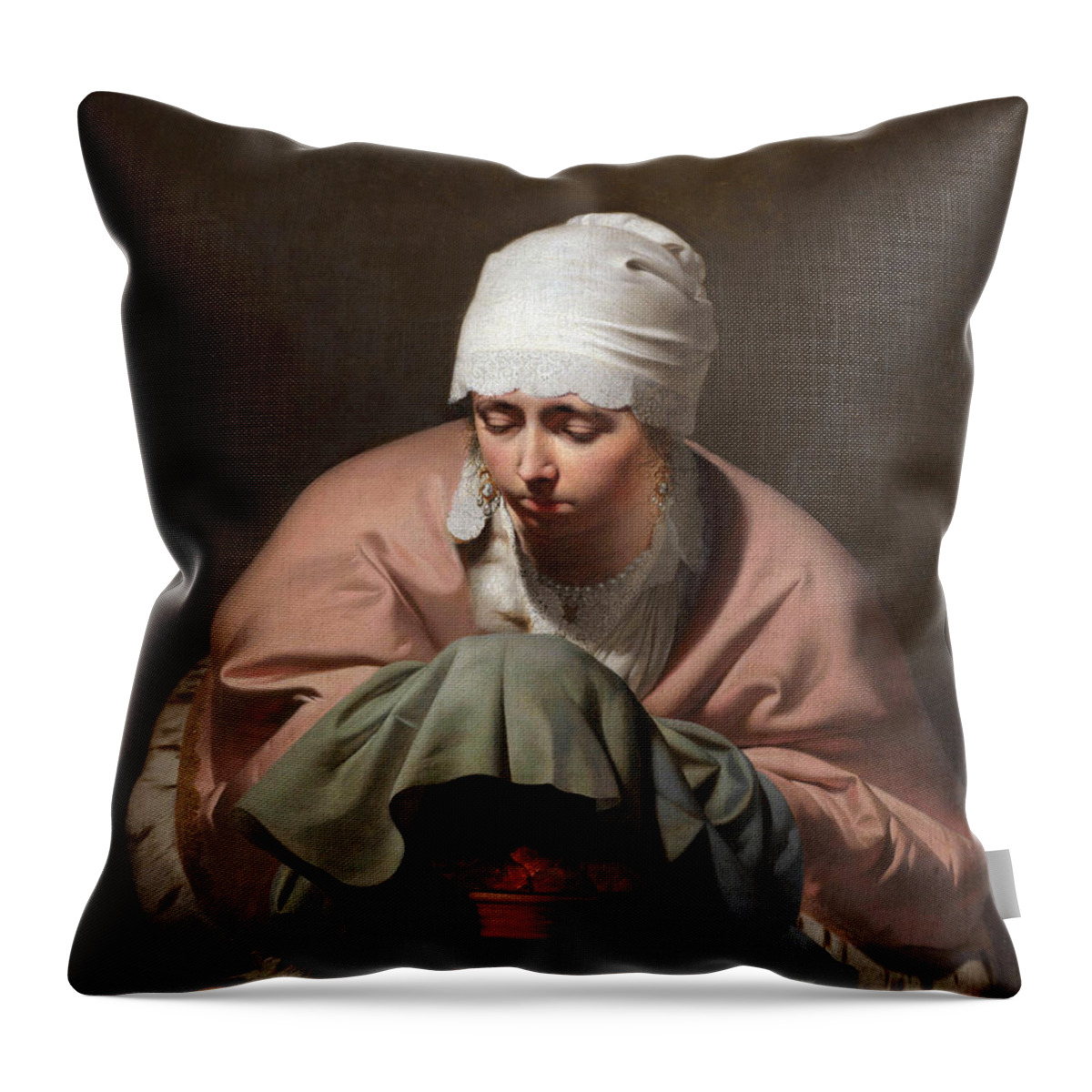 Caesar Van Everdingen Throw Pillow featuring the painting Young Woman Warming her Hands over a Brazier by Caesar van Everdingen