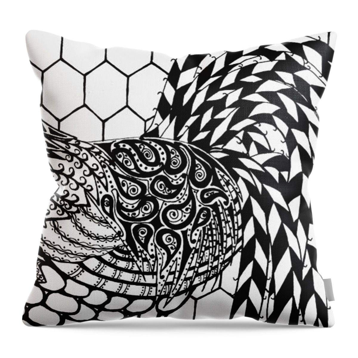 Rooster Throw Pillow featuring the drawing Zentangle Rooster by Jani Freimann