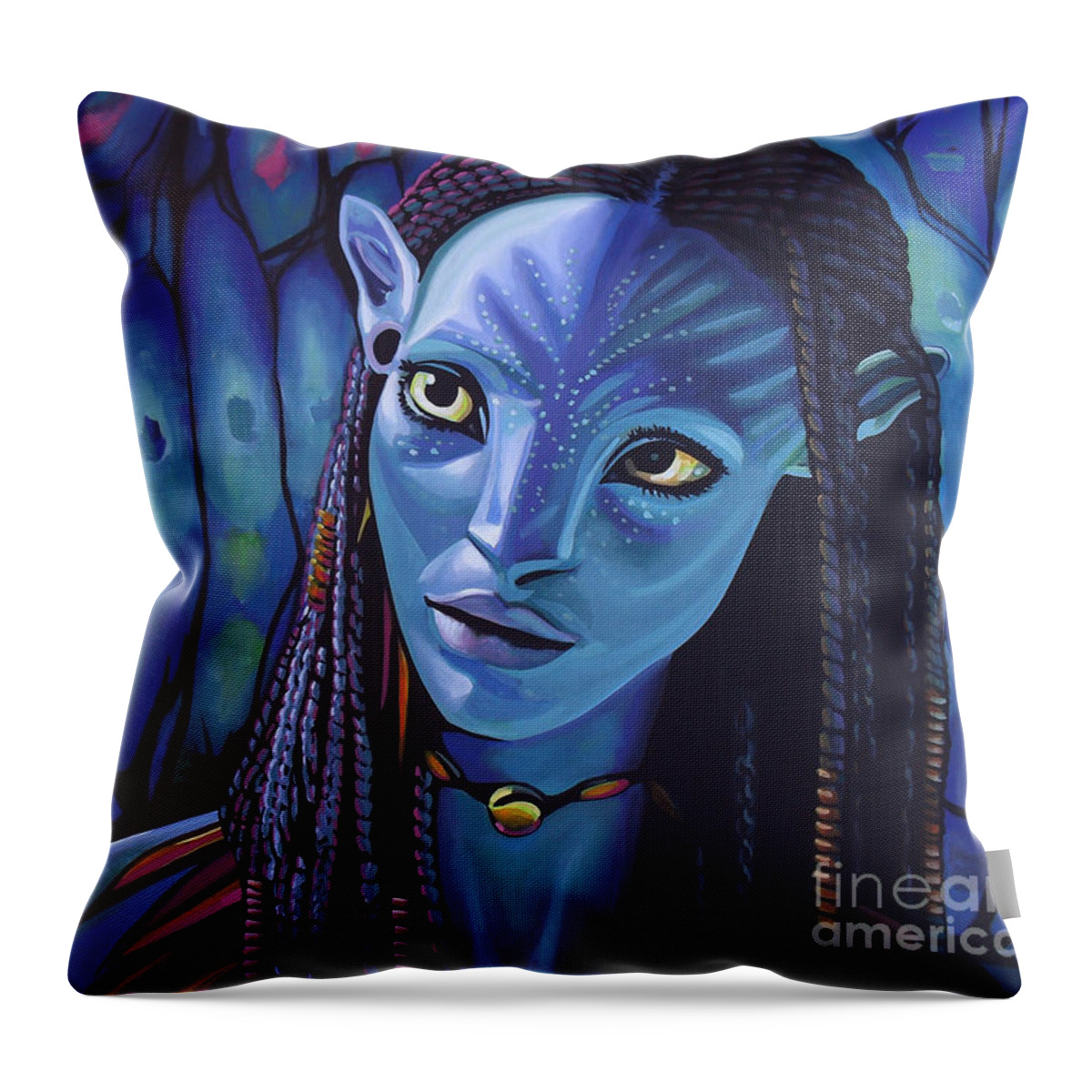Avatar Throw Pillow featuring the painting Zoe Saldana as Neytiri in Avatar by Paul Meijering