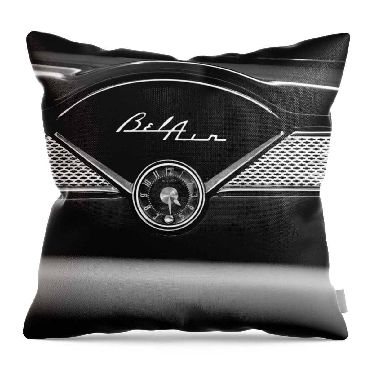 1955 Bel Air Throw Pillow featuring the photograph 1955 Chevy Bel Air Glow Compartment in Black and White by Sebastian Musial