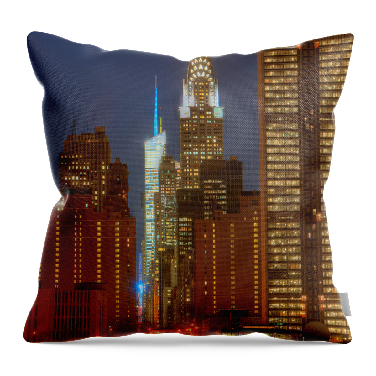 Clarence Holmes Throw Pillow featuring the photograph 42nd Street Buildings at Twilight I by Clarence Holmes