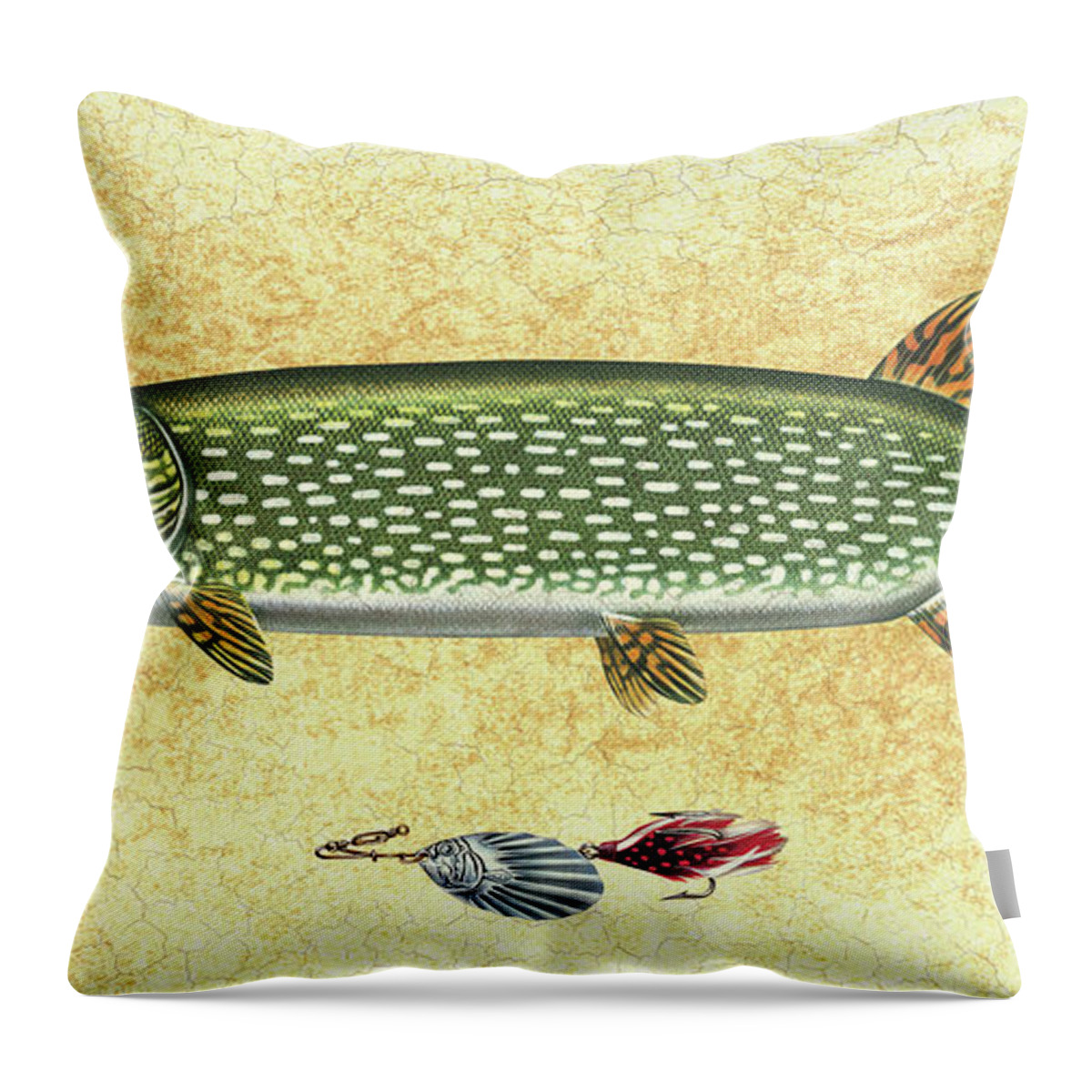 Jon Q Wright Throw Pillow featuring the painting Antique Lure and Pike by JQ Licensing
