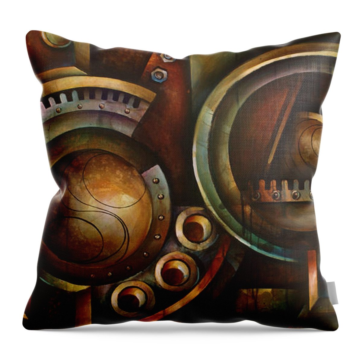 Mechanical Throw Pillow featuring the painting 'Assembly Required' by Michael Lang