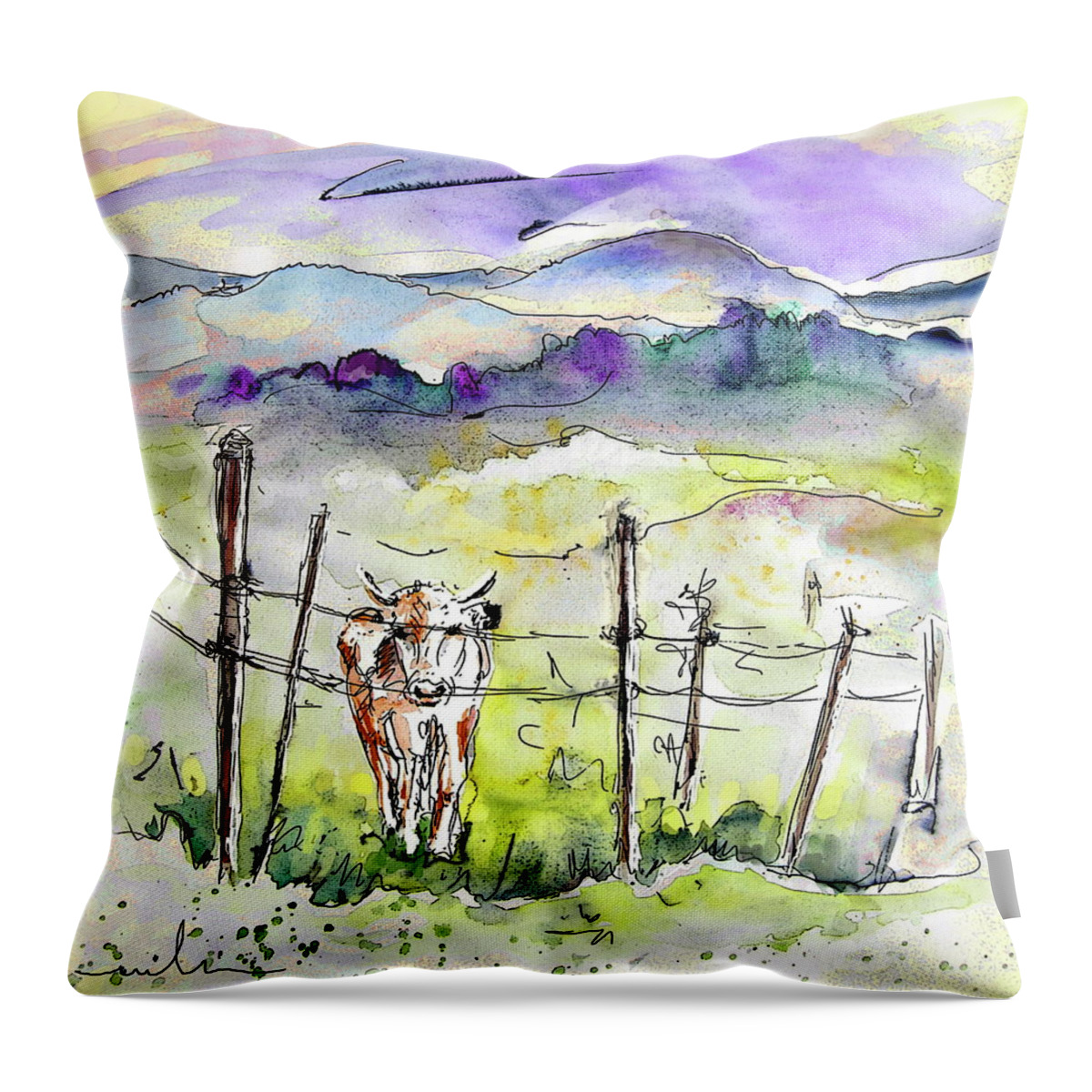 Landscapes Throw Pillow featuring the painting Auvergne 01 in France by Miki De Goodaboom