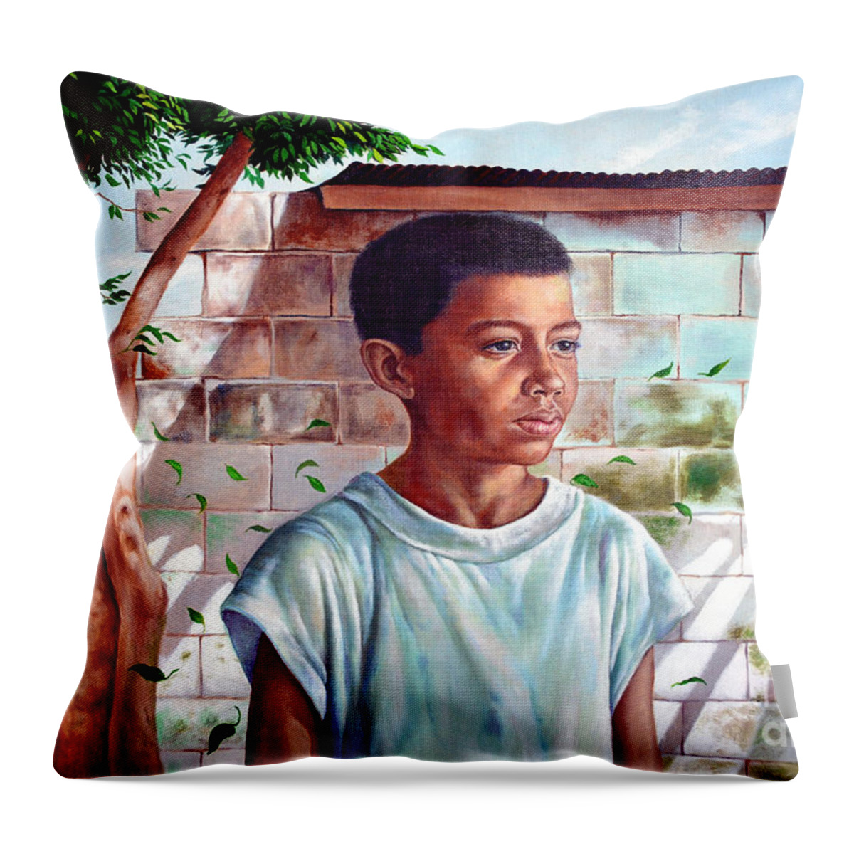 Bata Throw Pillow featuring the painting Bata the Filipino Child by Christopher Shellhammer