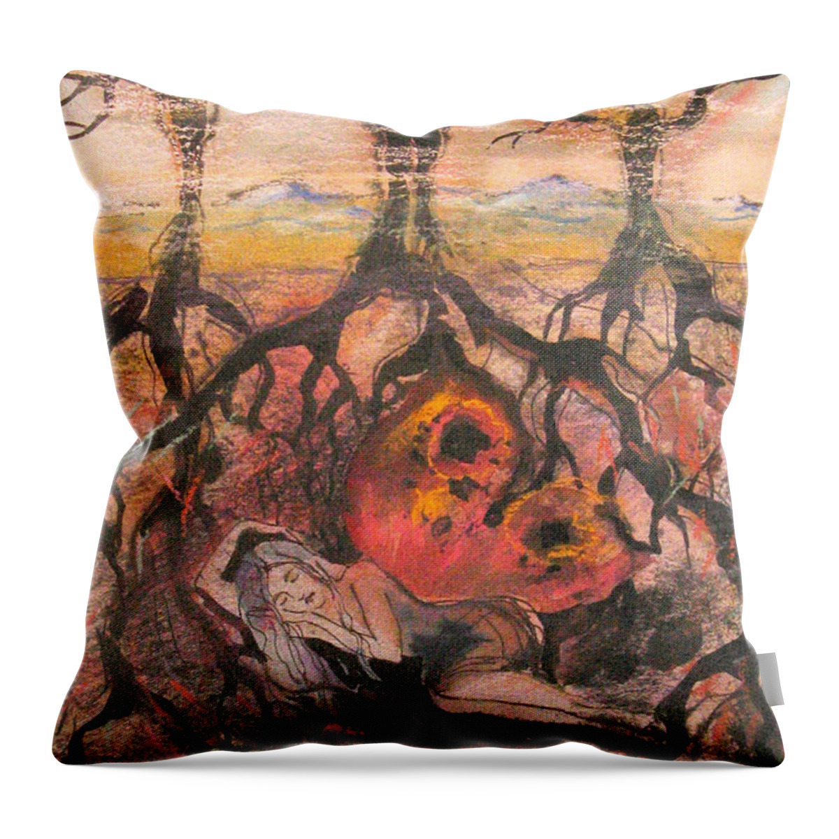 Surrealism Throw Pillow featuring the painting Before she was born by Valentina Plishchina