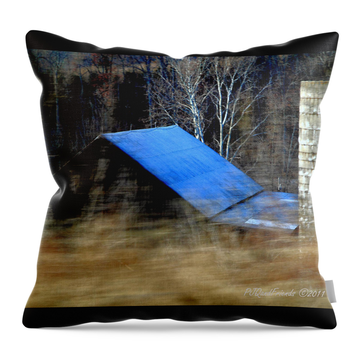 Barn Throw Pillow featuring the photograph 'Blue Roof Barn' by PJQandFriends Photography